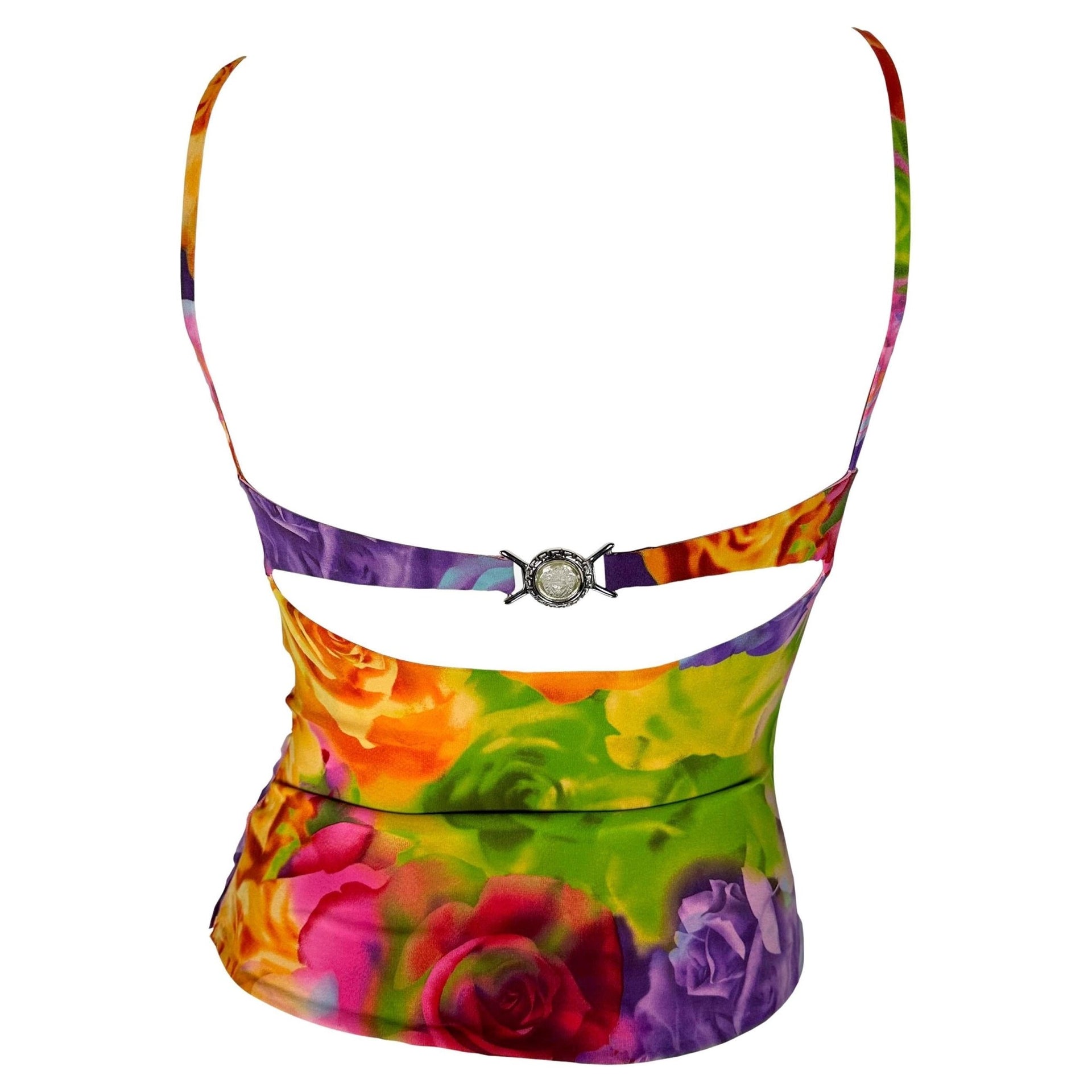 S/S 2005 Versace by Donatella Neon Floral Print Medusa Cutout Bustier Crop Top - RealList