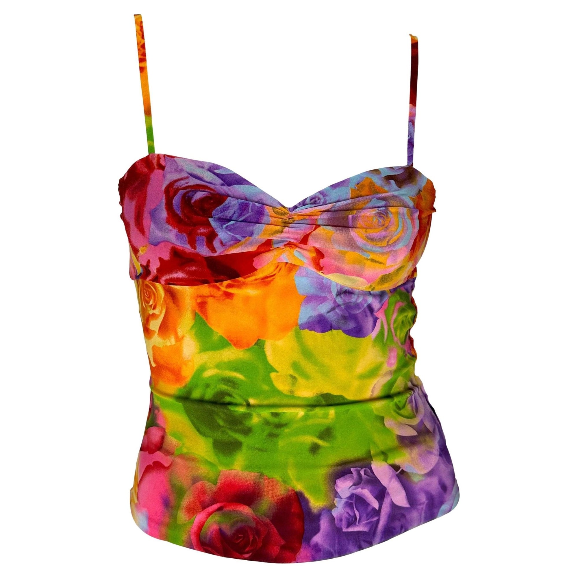 S/S 2005 Versace by Donatella Neon Floral Print Medusa Cutout Bustier Crop Top - RealList