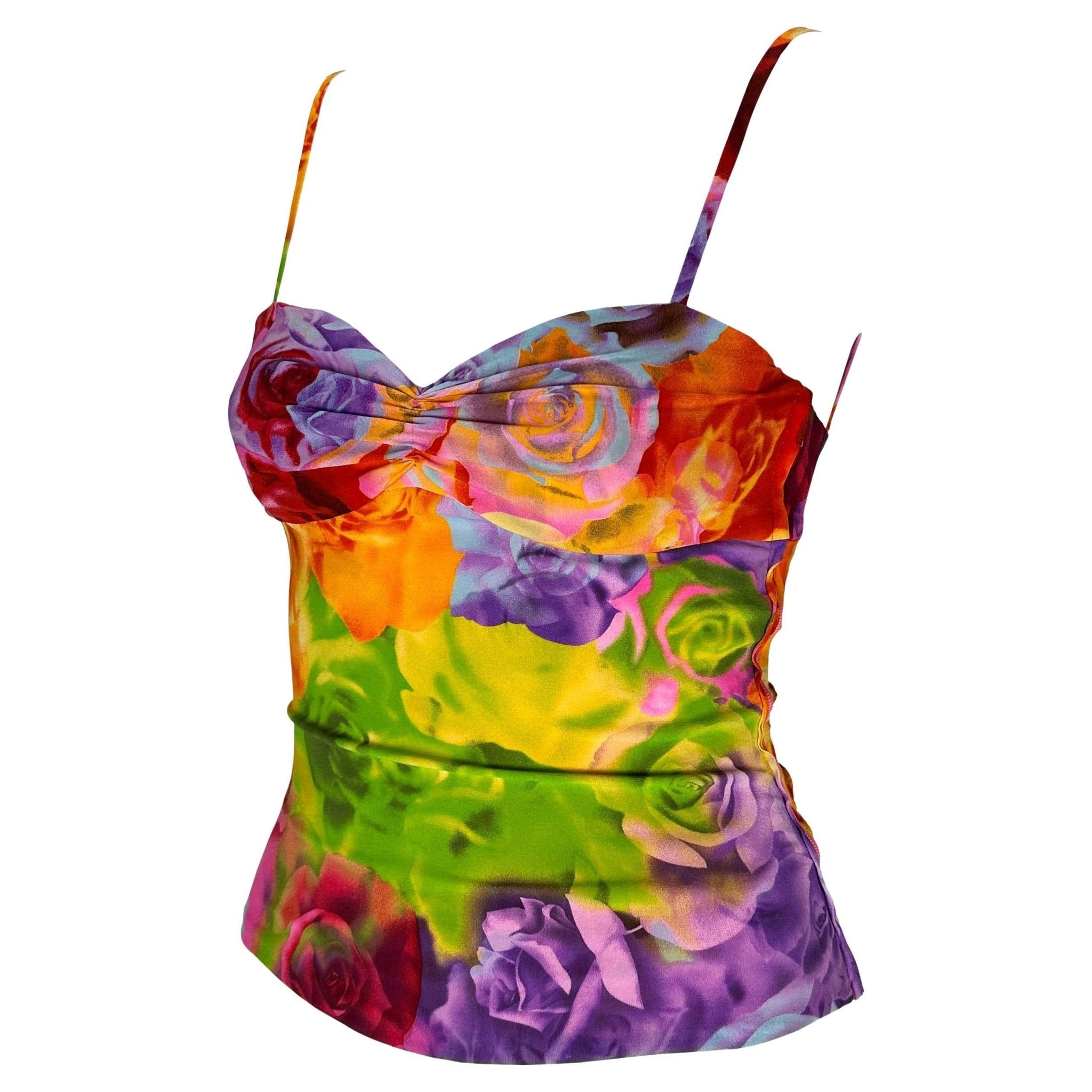 S/S 2005 Versace by Donatella Neon Floral Print Medusa Cutout Bustier Crop Top - RealList