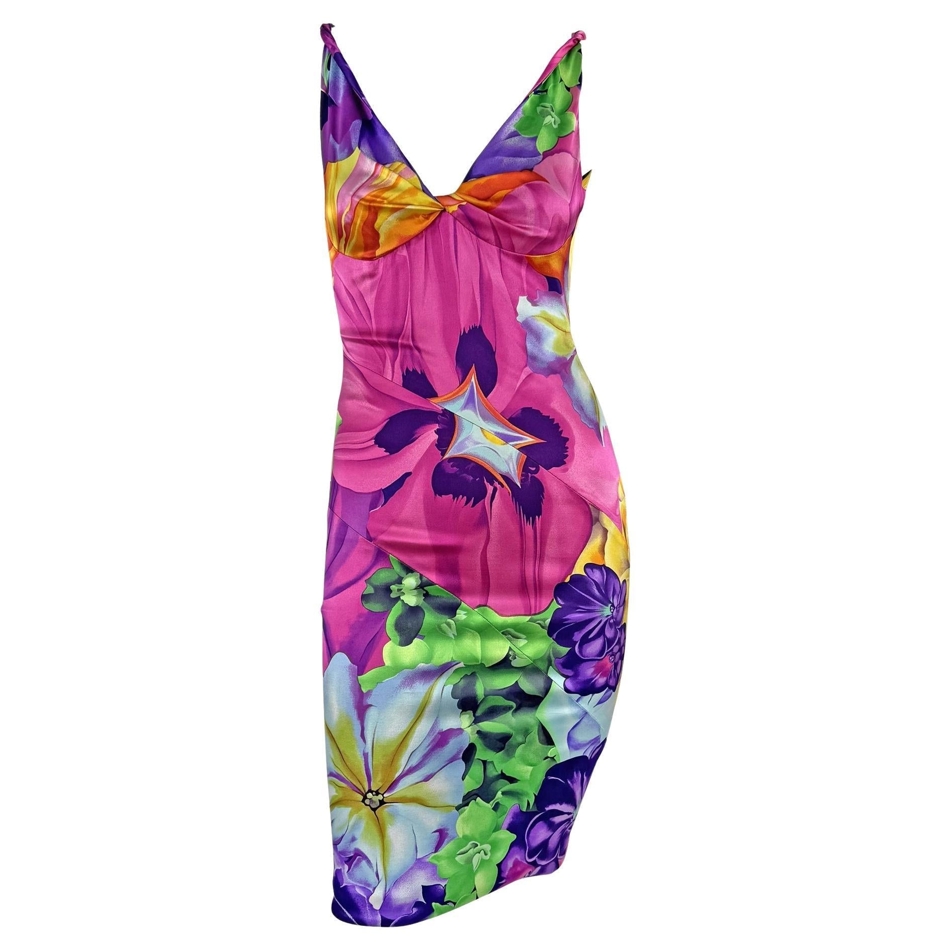 S/S 2005 Versace by Donatella Neon Multicolor Floral Satin Bodycon Stretch Dress - RealList
