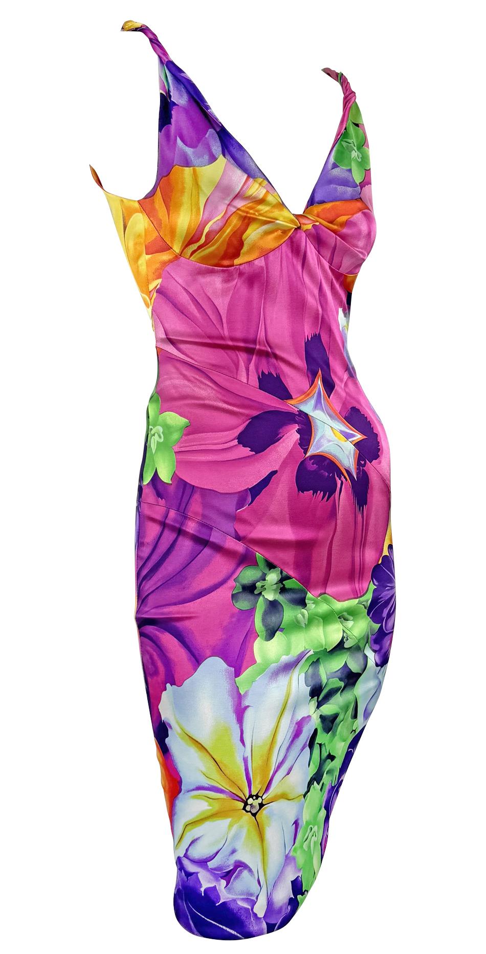 S/S 2005 Versace by Donatella Neon Multicolor Floral Satin Bodycon Stretch Dress - RealList