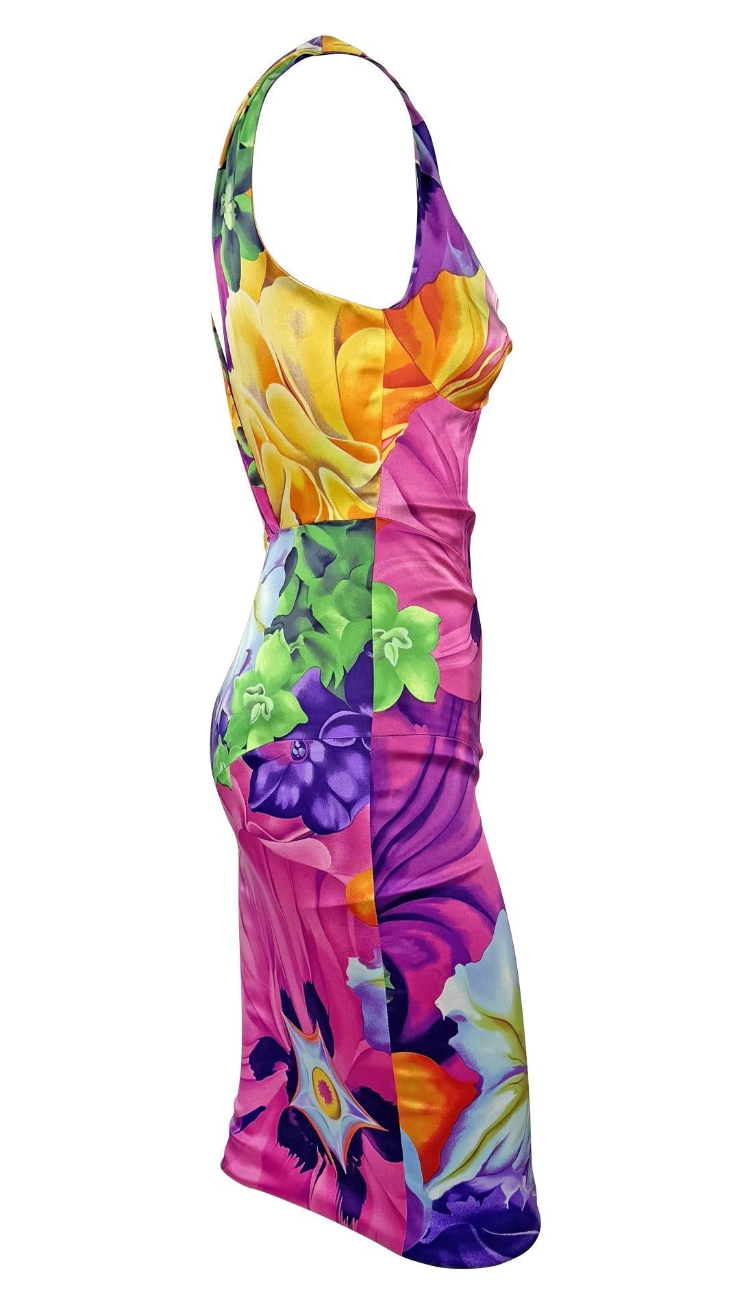 S/S 2005 Versace by Donatella Neon Multicolor Floral Satin Bodycon Stretch Dress - RealList