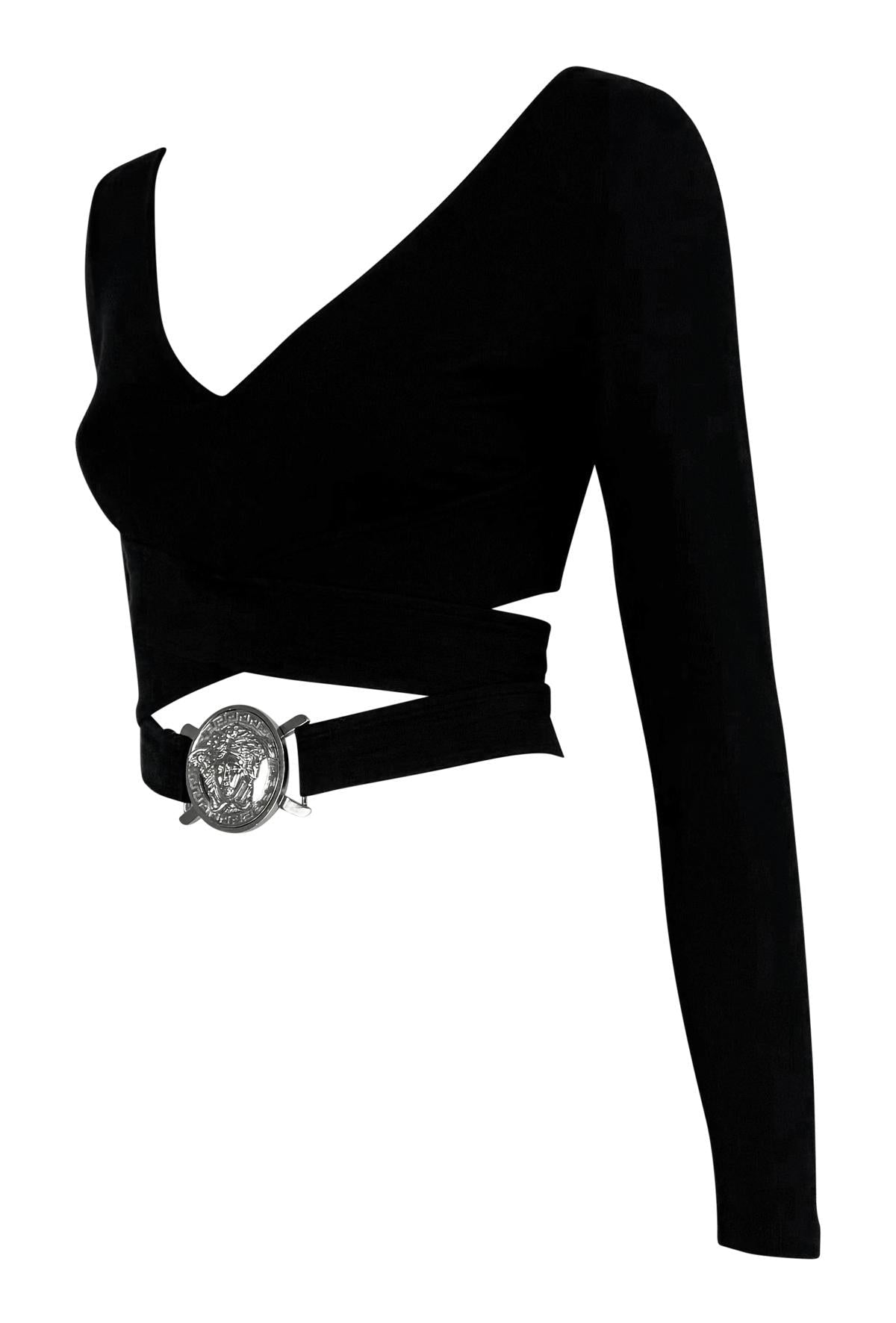 S/S 2005 Versace by Donatella Oversized Medusa Buckle Black Stretch Crop Top - RealList