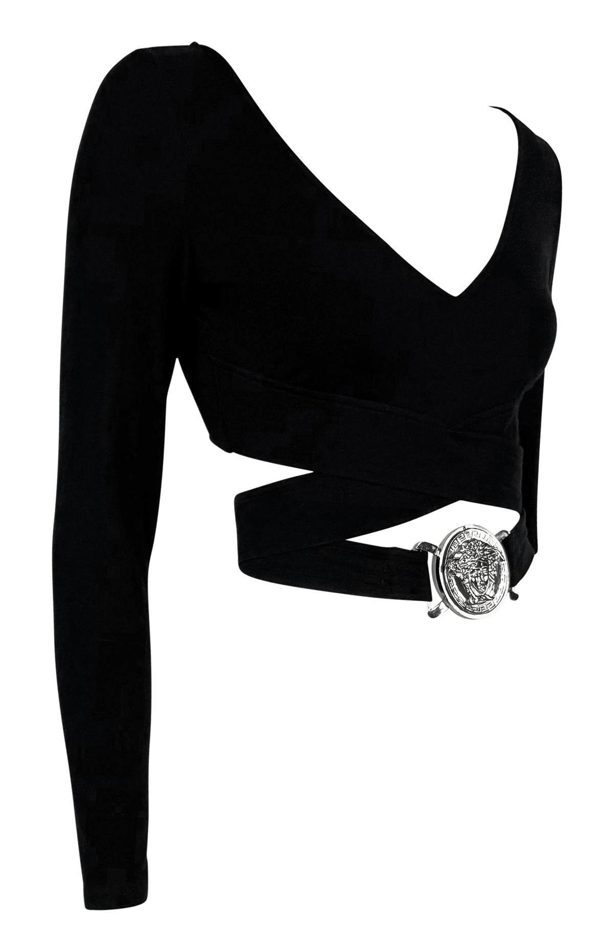 S/S 2005 Versace by Donatella Oversized Medusa Buckle Black Stretch Crop Top - RealList
