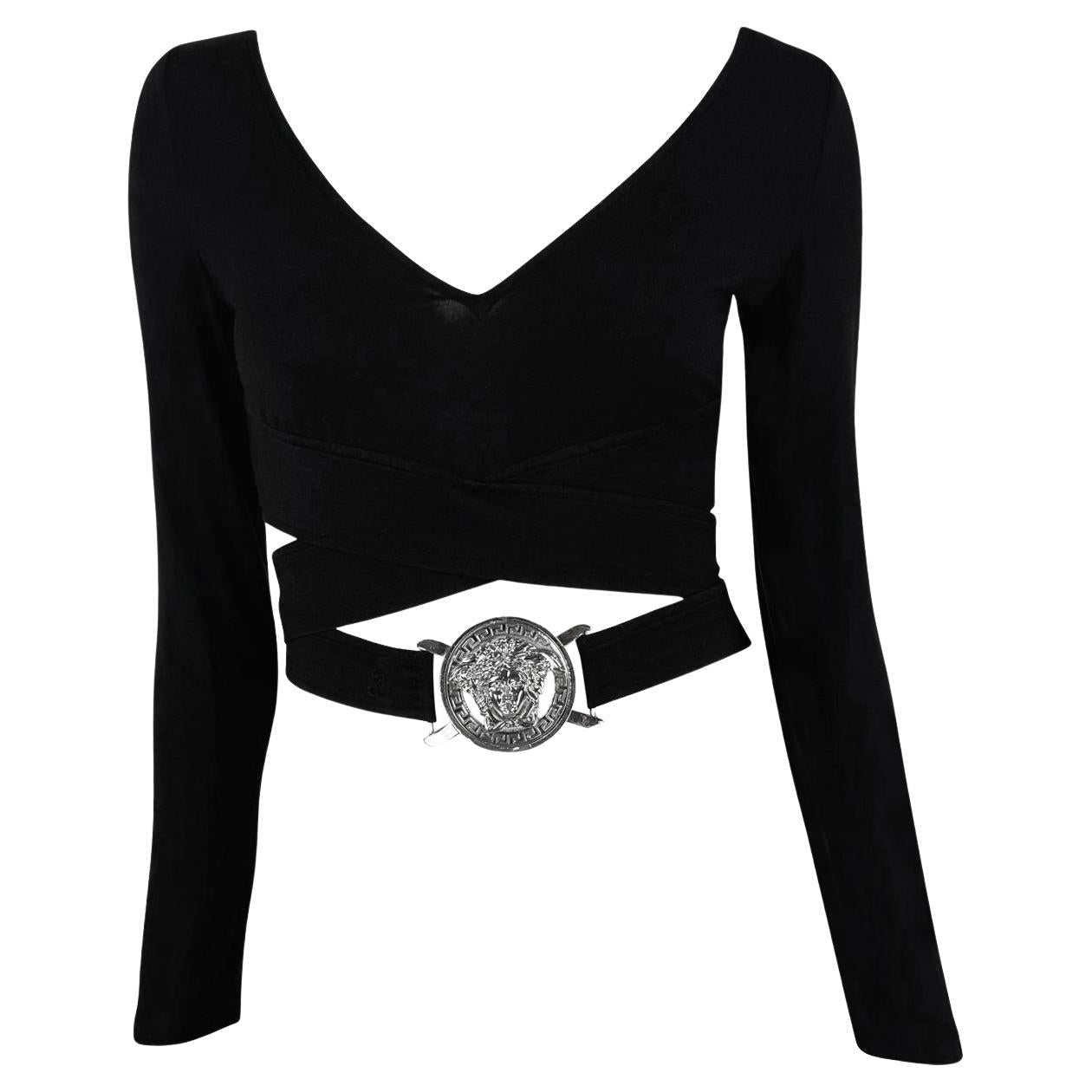 S/S 2005 Versace by Donatella Oversized Medusa Buckle Black Stretch Crop Top - RealList