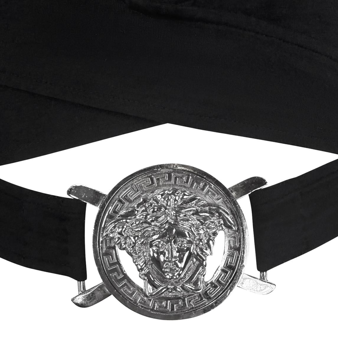 S/S 2005 Versace by Donatella Oversized Medusa Buckle Black Stretch Crop Top - RealList