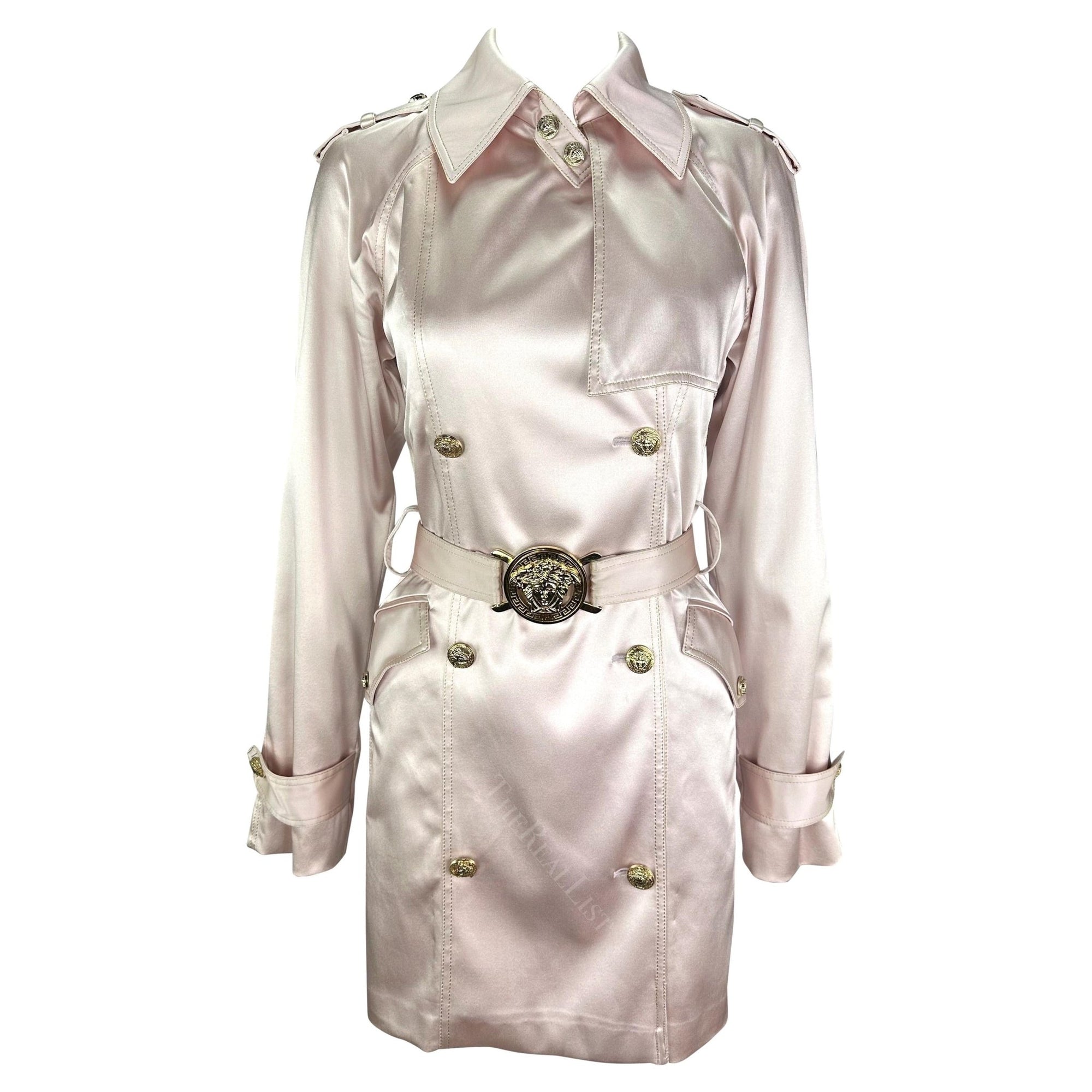 S/S 2005 Versace by Donatella Pale Pink Satin Gold Medusa Medallion Sample Coat - RealList
