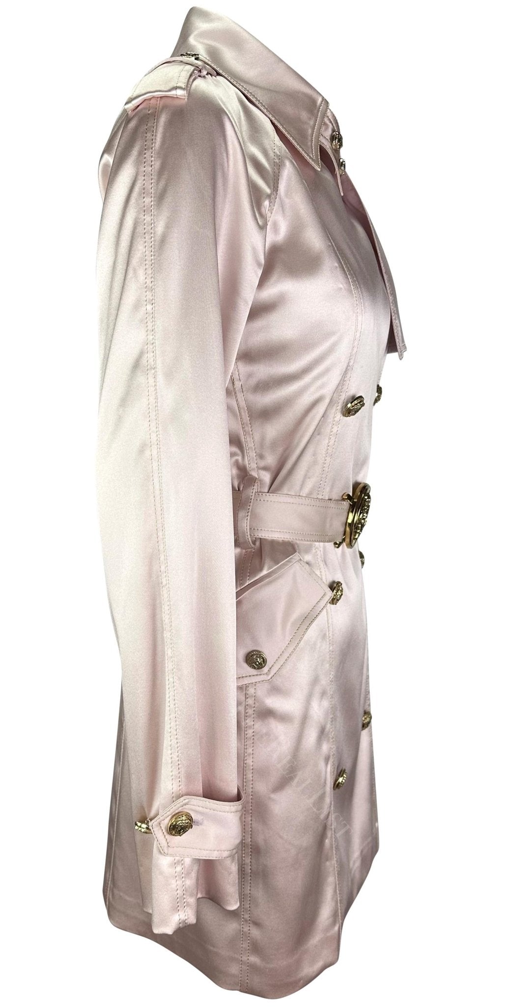 S/S 2005 Versace by Donatella Pale Pink Satin Gold Medusa Medallion Sample Coat - RealList