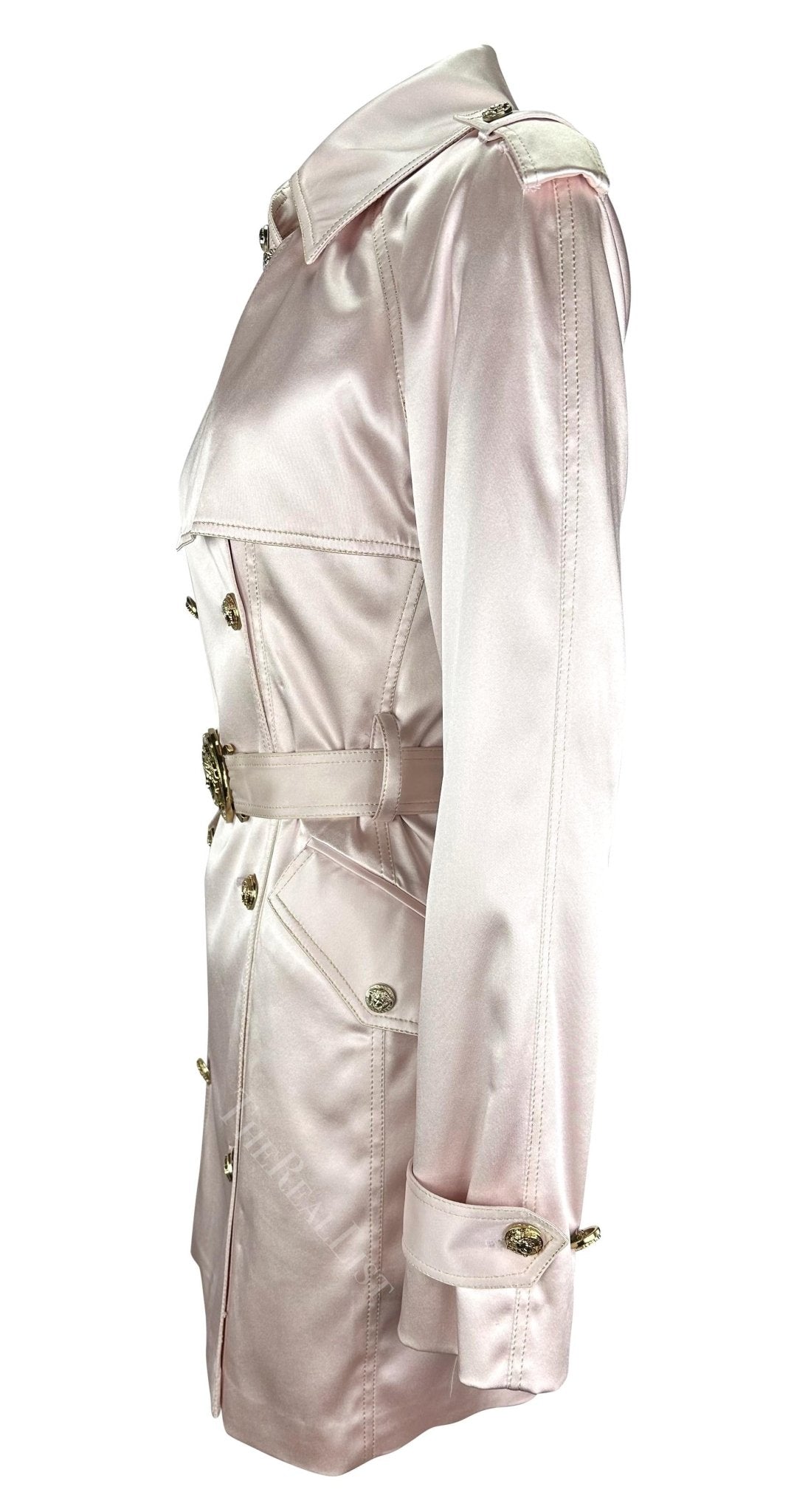 S/S 2005 Versace by Donatella Pale Pink Satin Gold Medusa Medallion Sample Coat - RealList