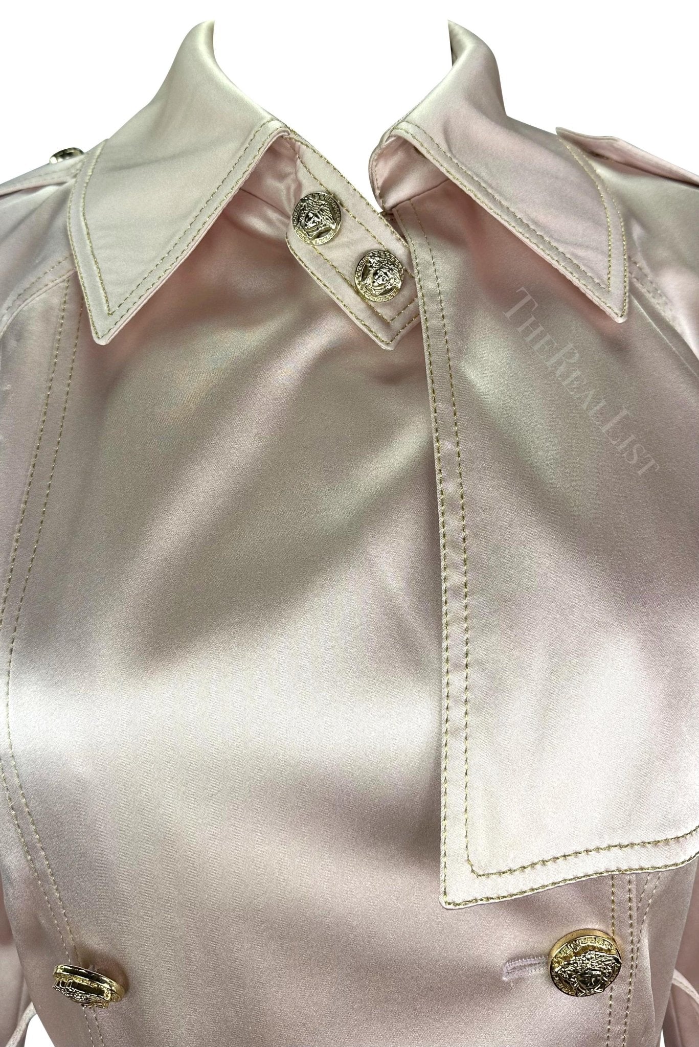 S/S 2005 Versace by Donatella Pale Pink Satin Gold Medusa Medallion Sample Coat - RealList