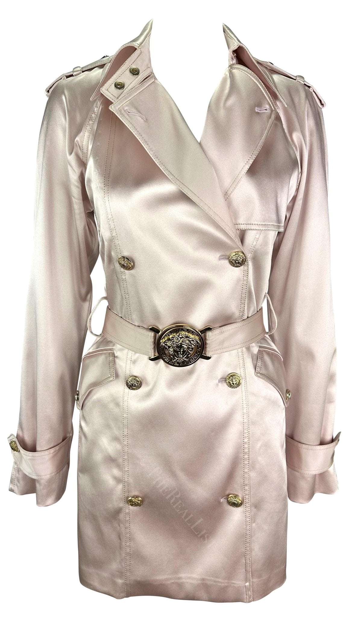 S/S 2005 Versace by Donatella Pale Pink Satin Gold Medusa Medallion Sample Coat - RealList