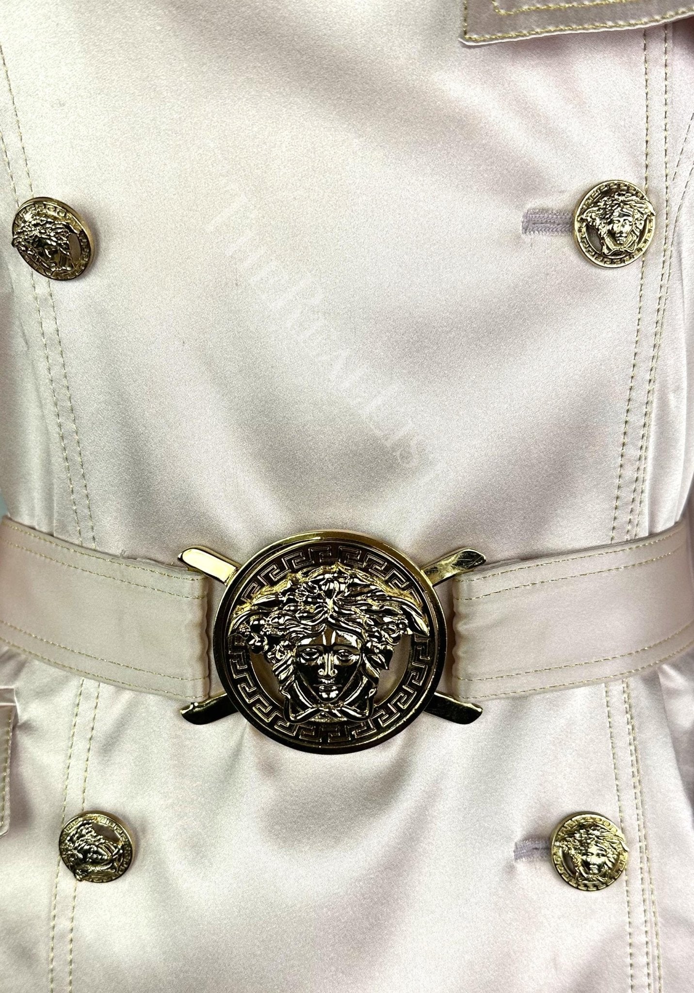 S/S 2005 Versace by Donatella Pale Pink Satin Gold Medusa Medallion Sample Coat - RealList
