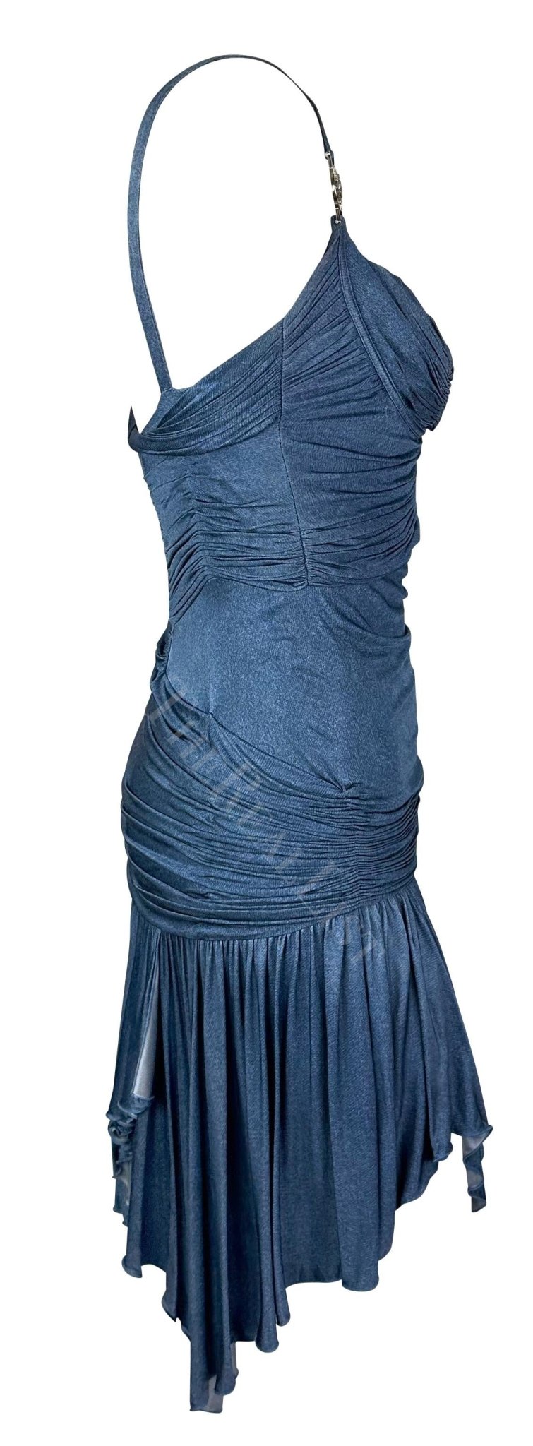 S/S 2005 Versace by Donatella Runway Ruched Trompe - l'œil Denim Blue Mini Dress - RealList
