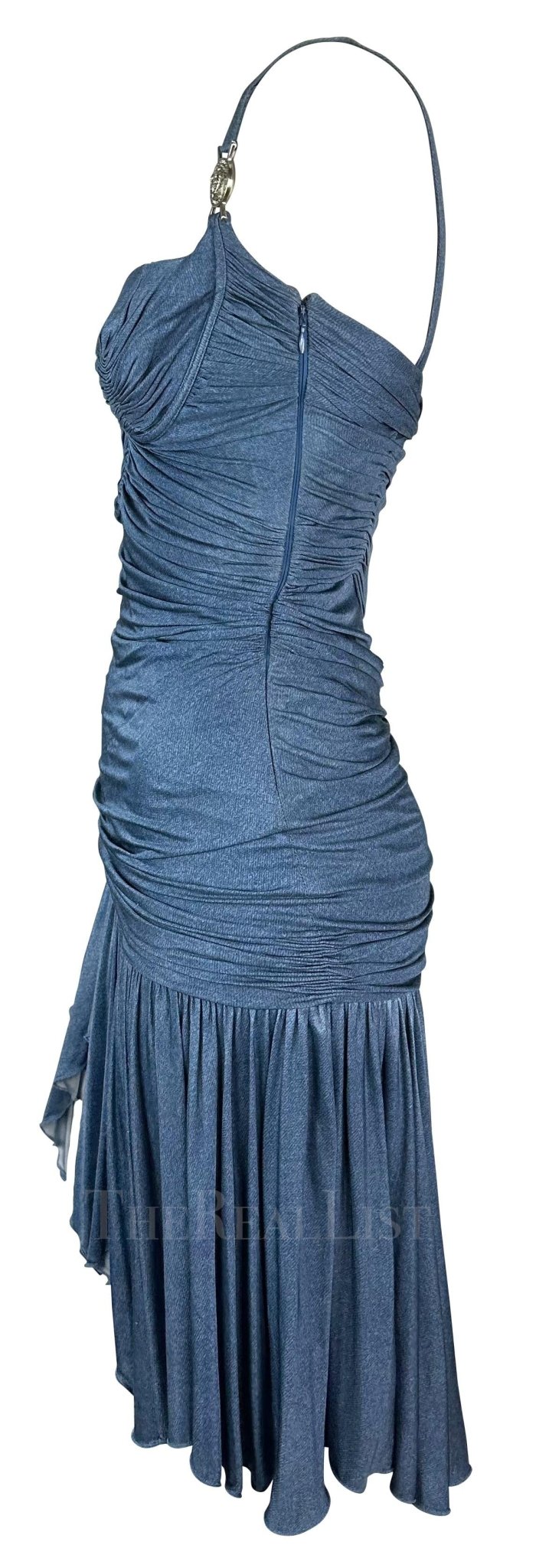 S/S 2005 Versace by Donatella Runway Ruched Trompe - l'œil Denim Blue Mini Dress - RealList