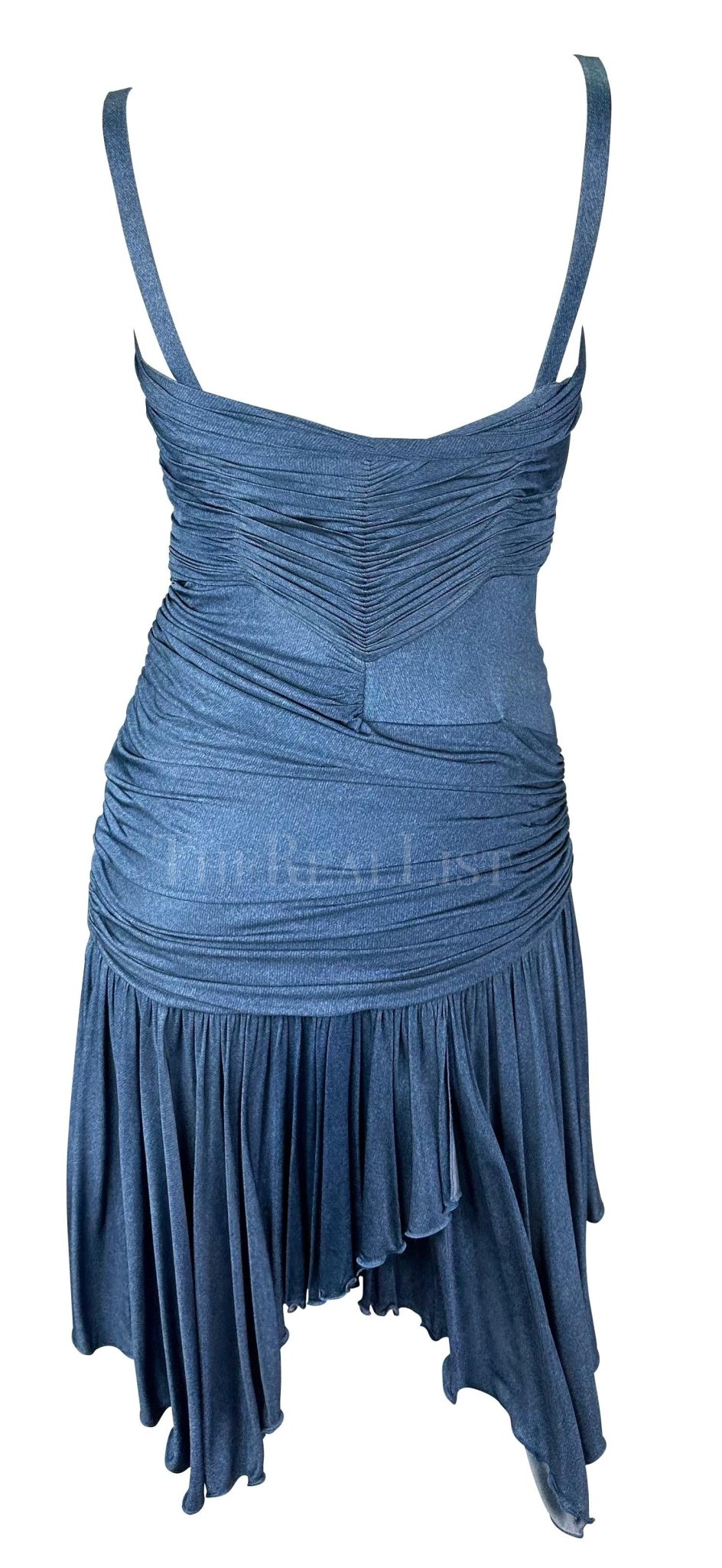 S/S 2005 Versace by Donatella Runway Ruched Trompe - l'œil Denim Blue Mini Dress - RealList