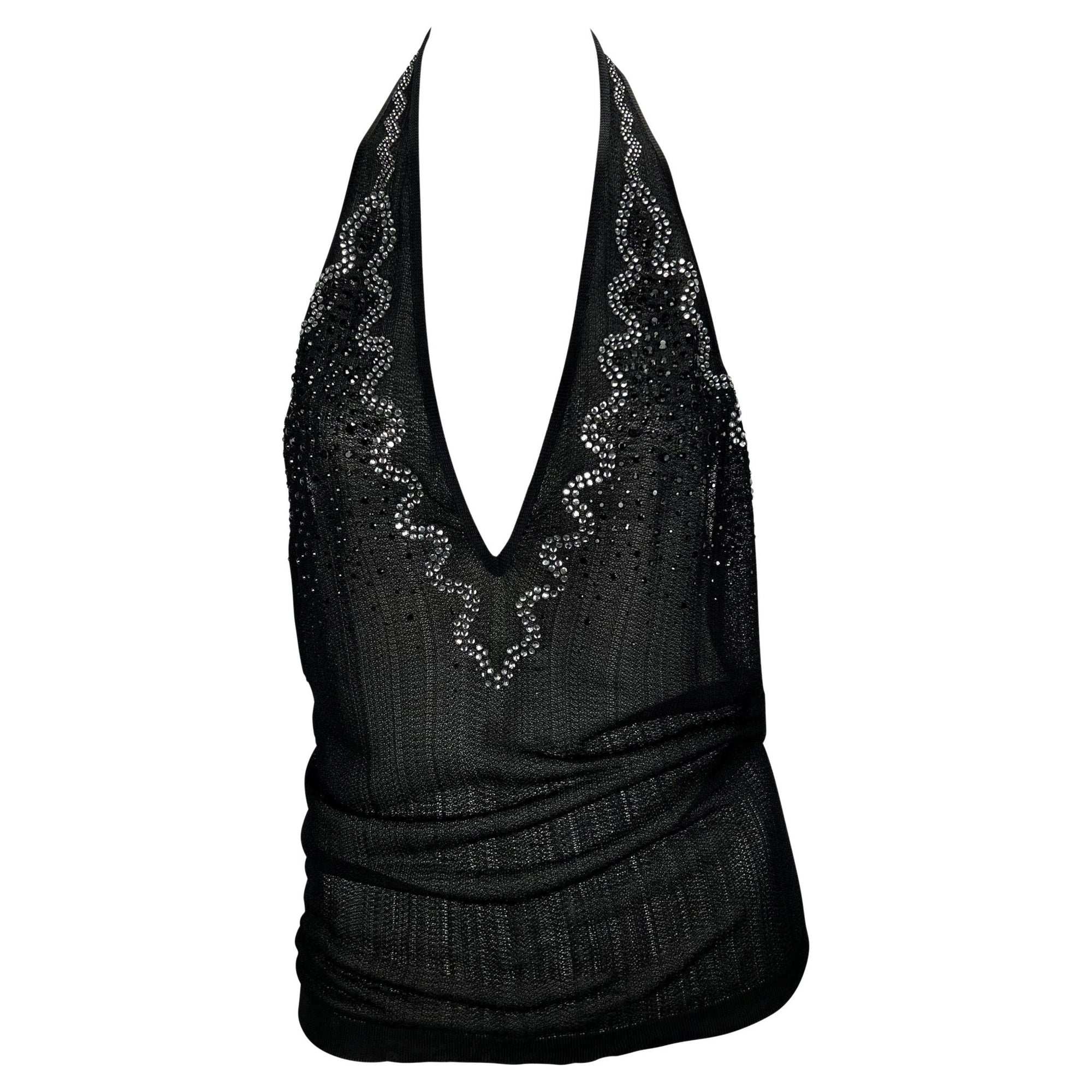 S/S 2005 Yves Saint Laurent Rhinestone Sheer Knit Viscose Halter Sleeveless Top - RealList