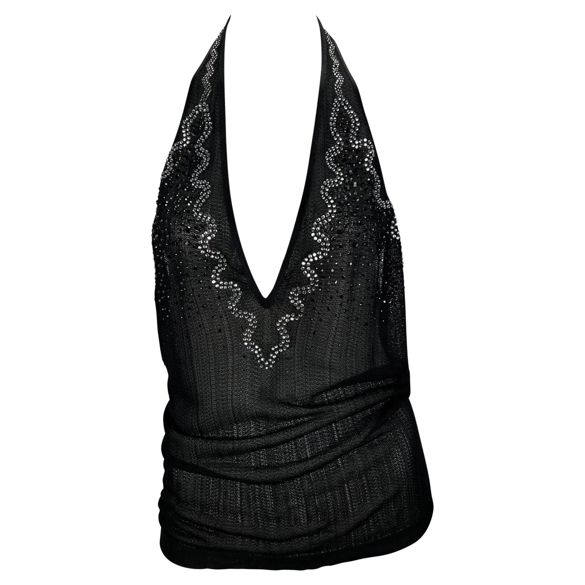 S/S 2005 Yves Saint Laurent Rhinestone Sheer Knit Viscose Halter Sleeveless Top - RealList