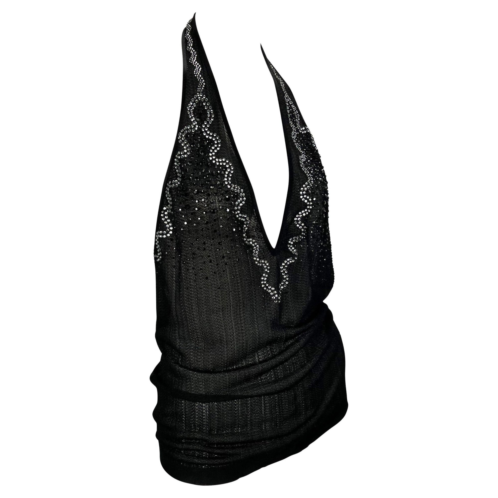 S/S 2005 Yves Saint Laurent Rhinestone Sheer Knit Viscose Halter Sleeveless Top - RealList