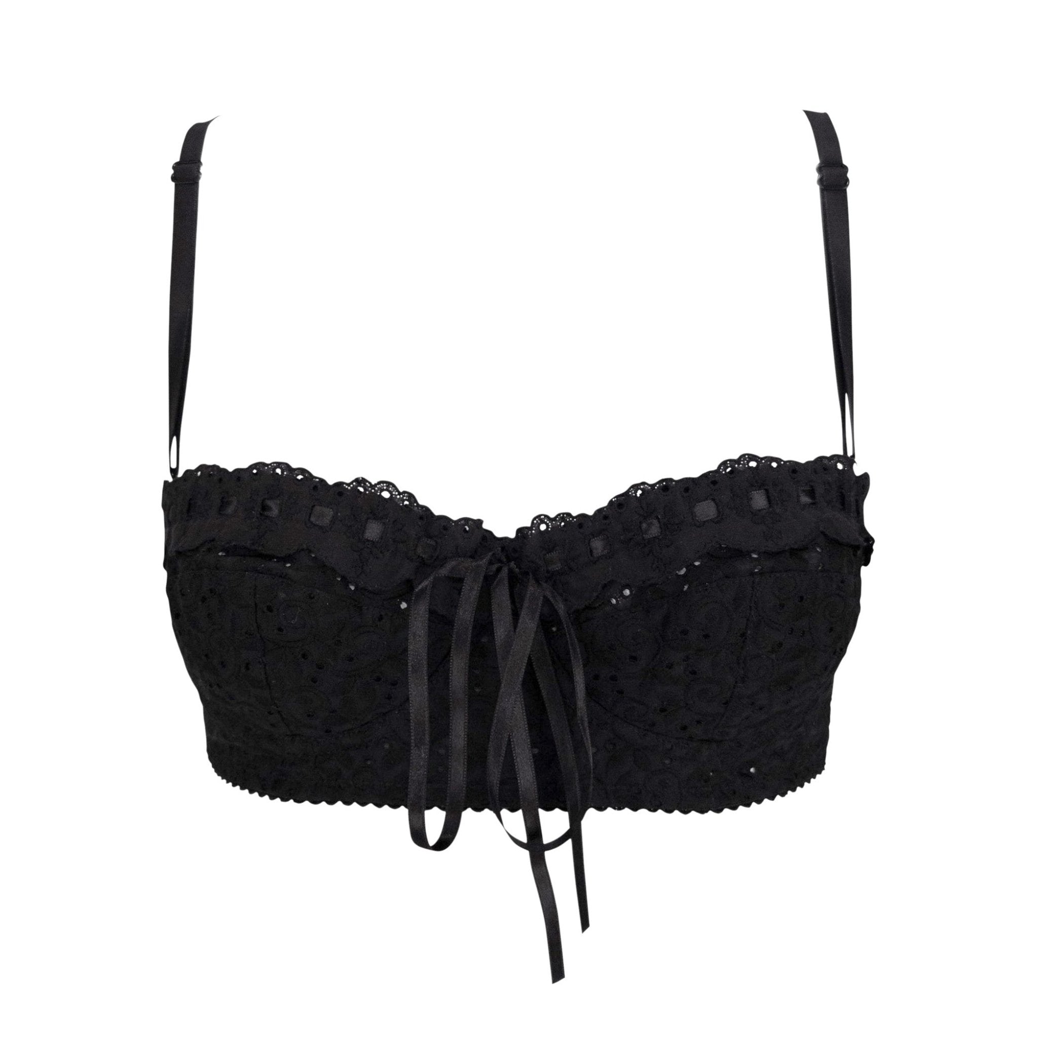 S/S 2006 Dolce & Gabbana Black Lace Ribbon Trim Bralette Crop Top - RealList