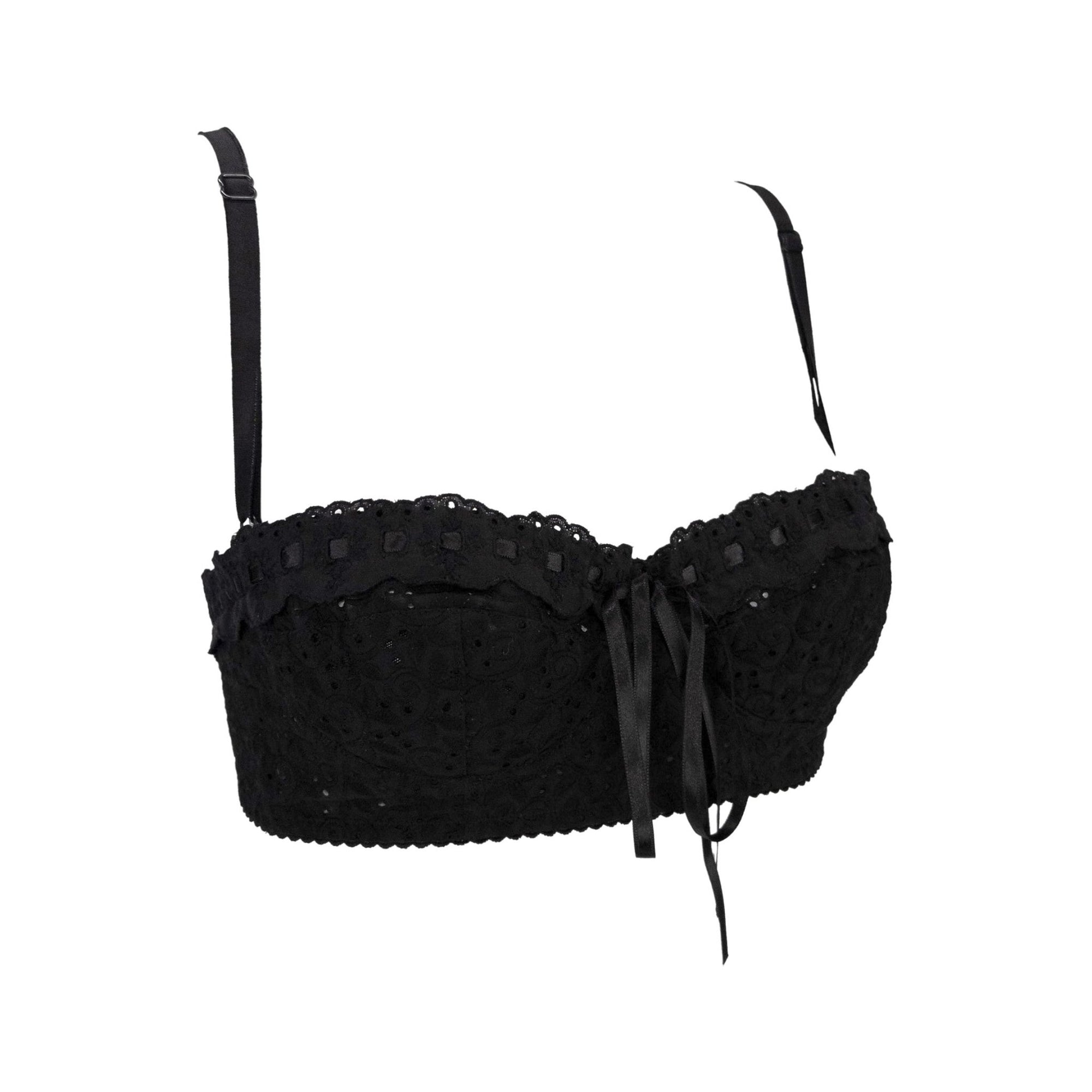 S/S 2006 Dolce & Gabbana Black Lace Ribbon Trim Bralette Crop Top - RealList