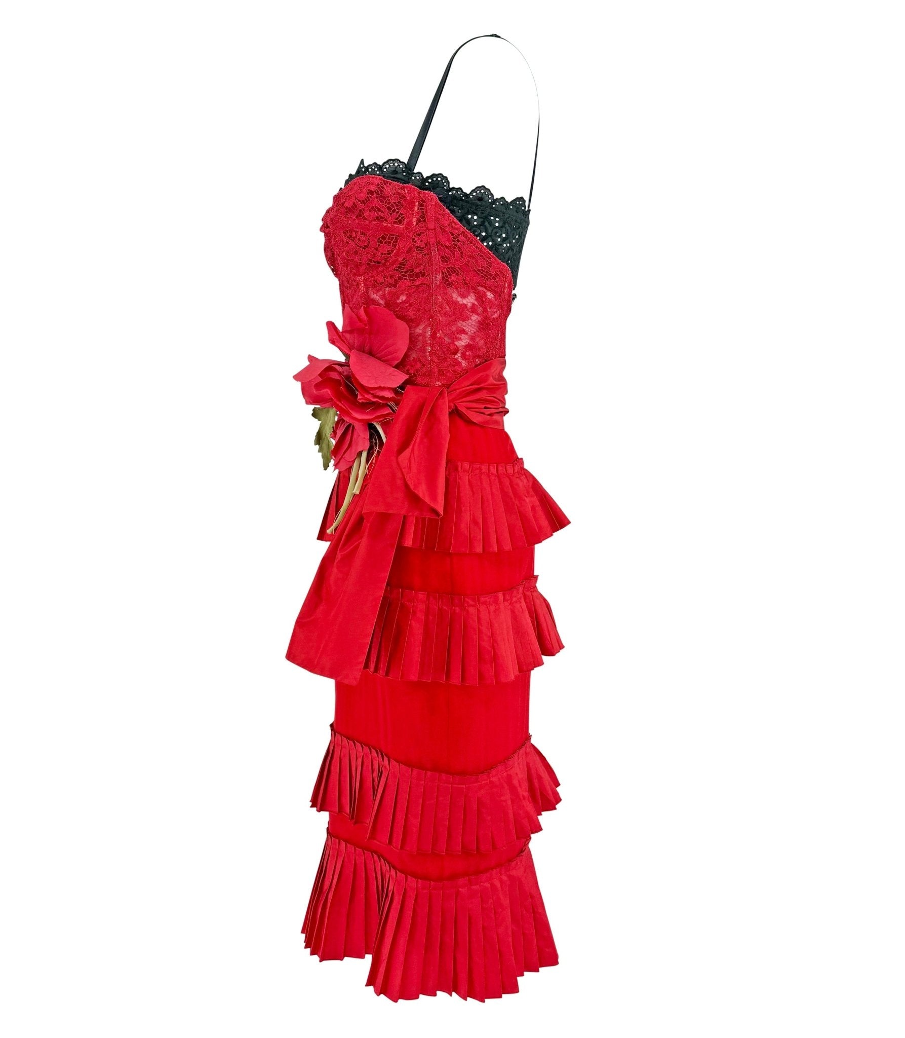 S/S 2006 Dolce & Gabbana Runway Red Lace Tiered Ruffle Bustier Dress - RealList
