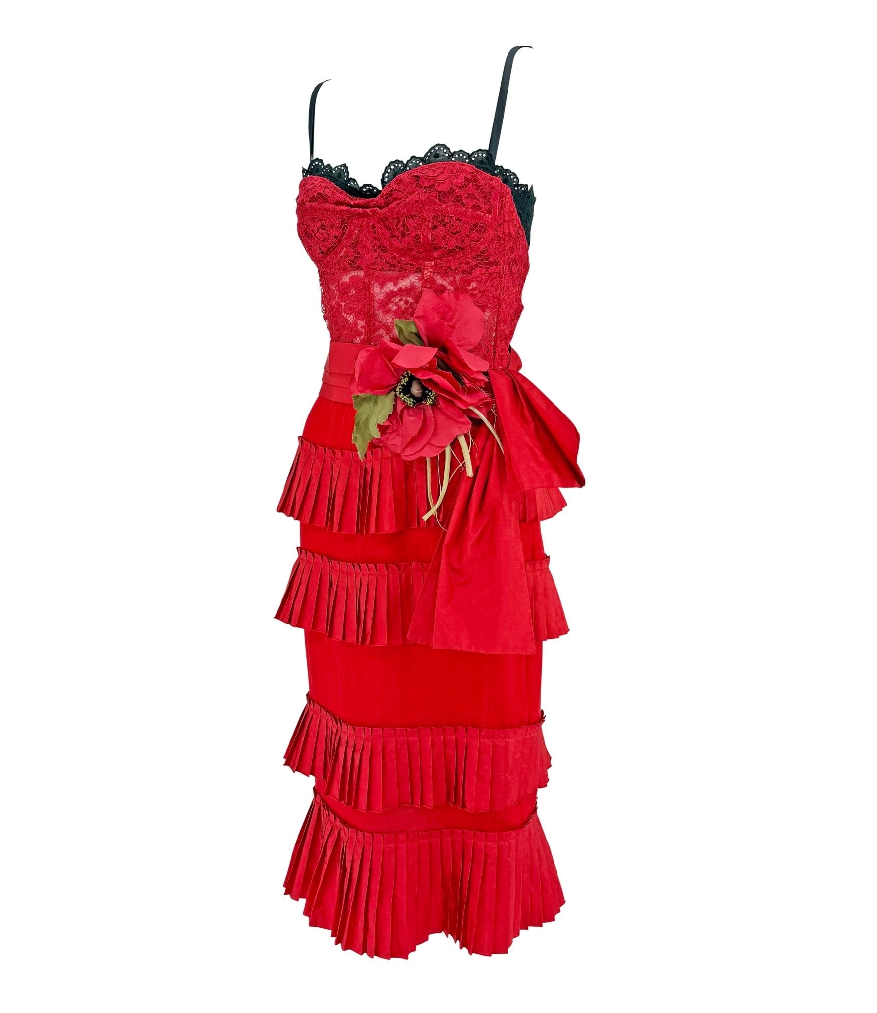 S/S 2006 Dolce & Gabbana Runway Red Lace Tiered Ruffle Bustier Dress - RealList