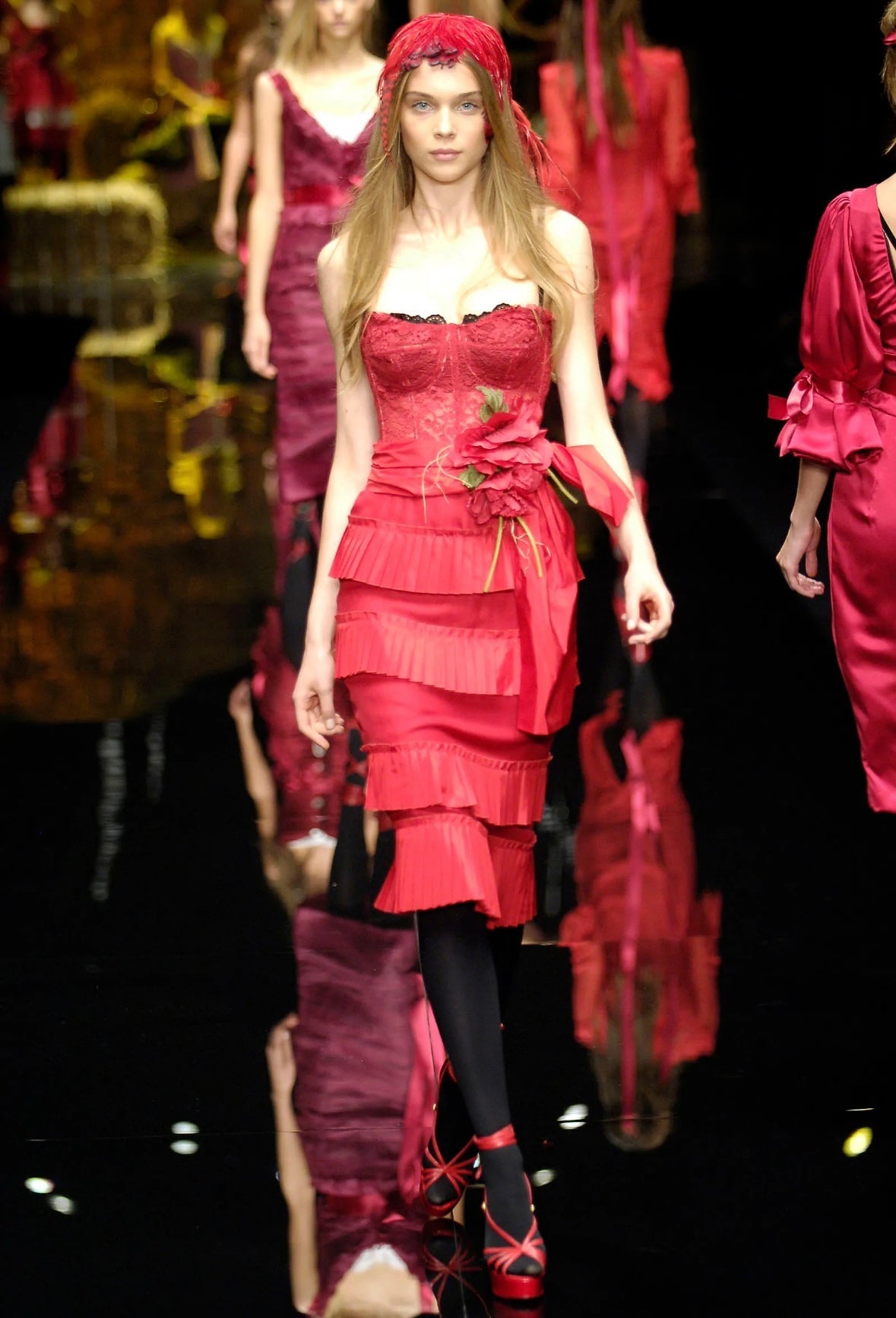 S/S 2006 Dolce & Gabbana Runway Red Lace Tiered Ruffle Bustier Dress - RealList