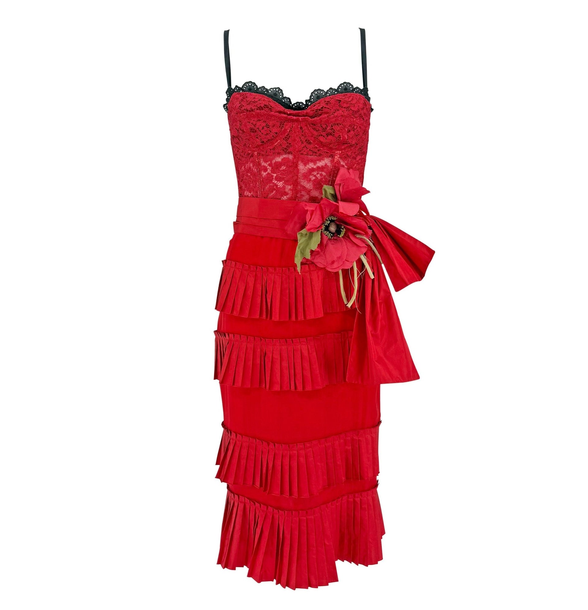 S/S 2006 Dolce & Gabbana Runway Red Lace Tiered Ruffle Bustier Dress - RealList