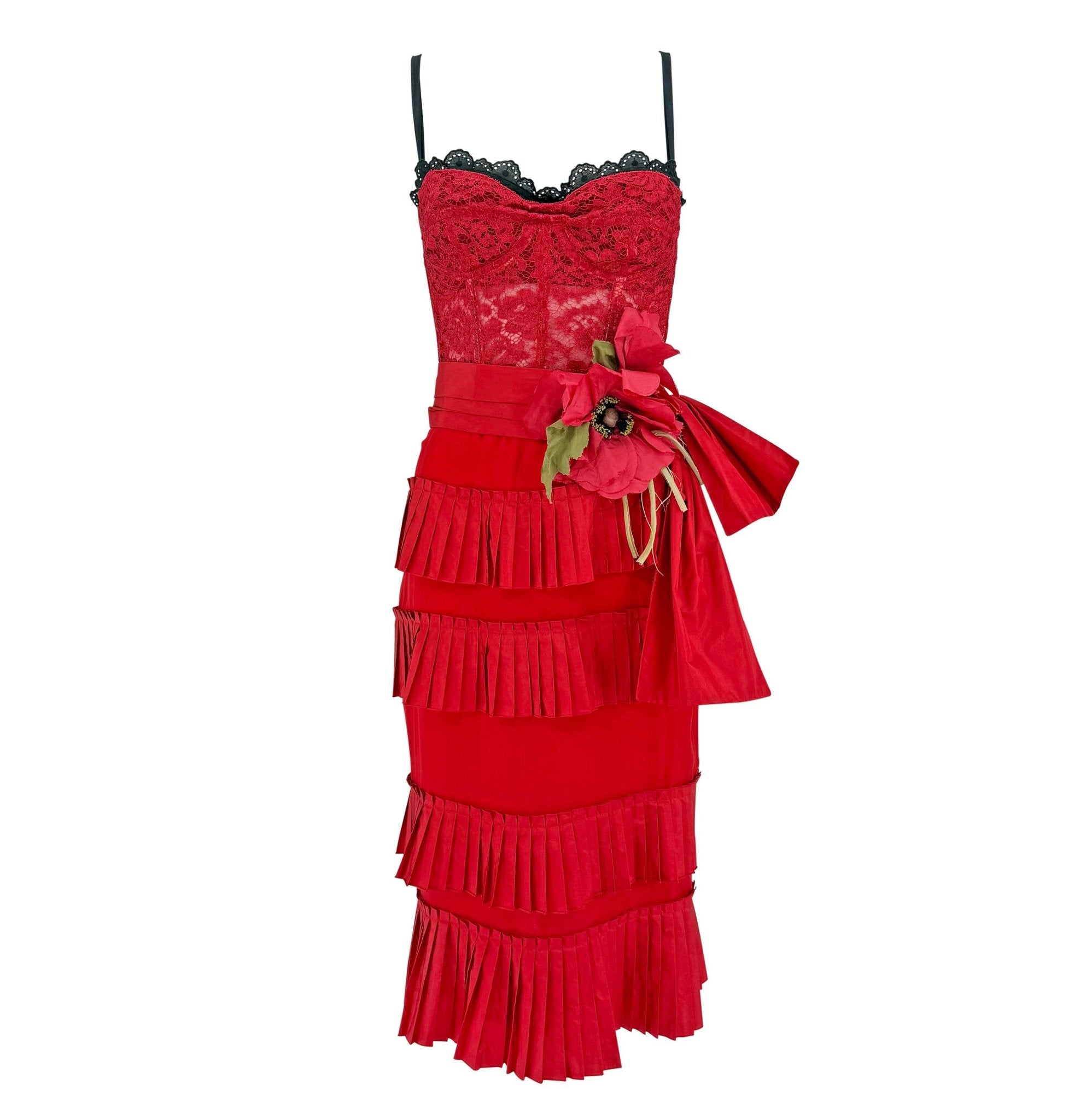 S/S 2006 Dolce & Gabbana Runway Red Lace Tiered Ruffle Bustier Dress - RealList