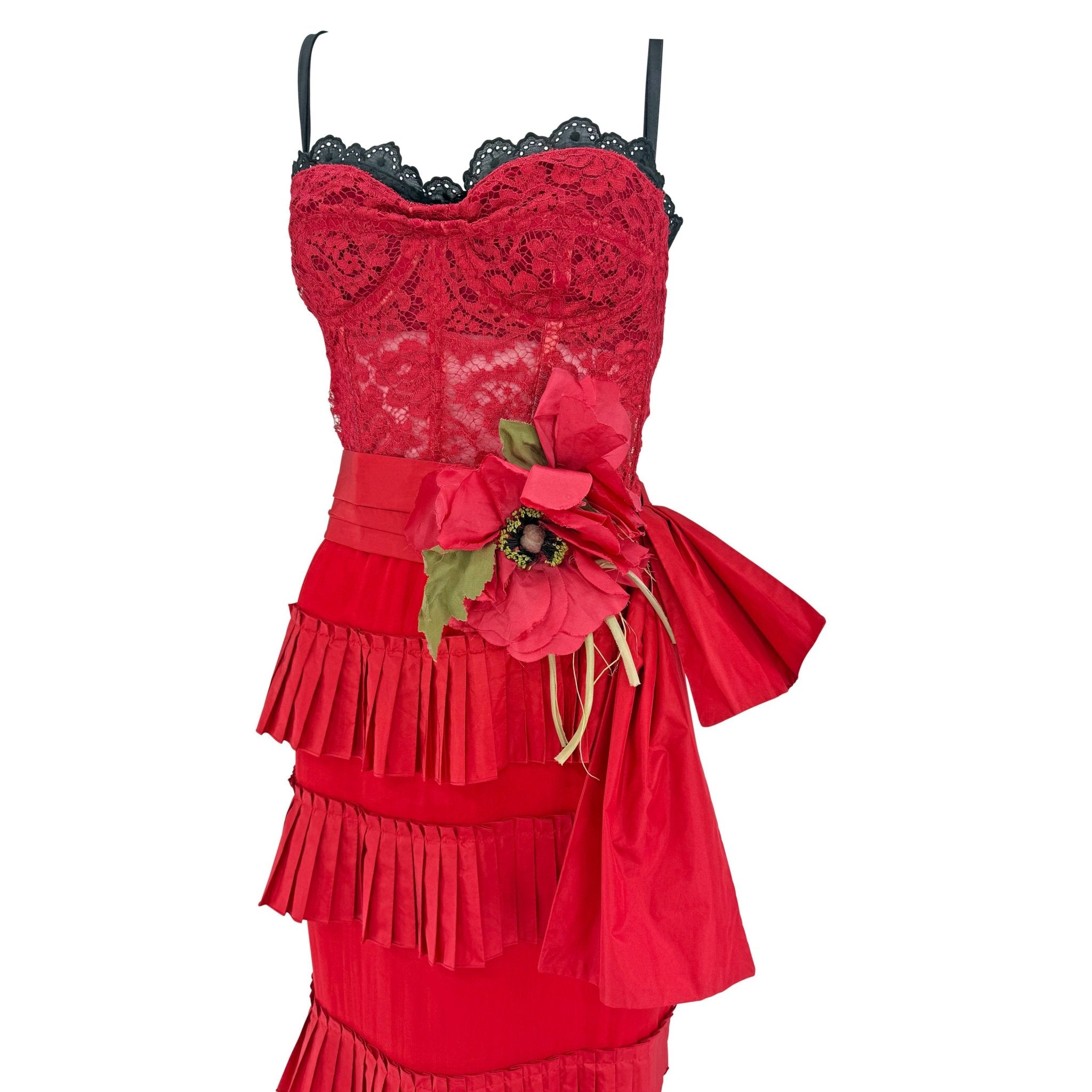 S/S 2006 Dolce & Gabbana Runway Red Lace Tiered Ruffle Bustier Dress - RealList
