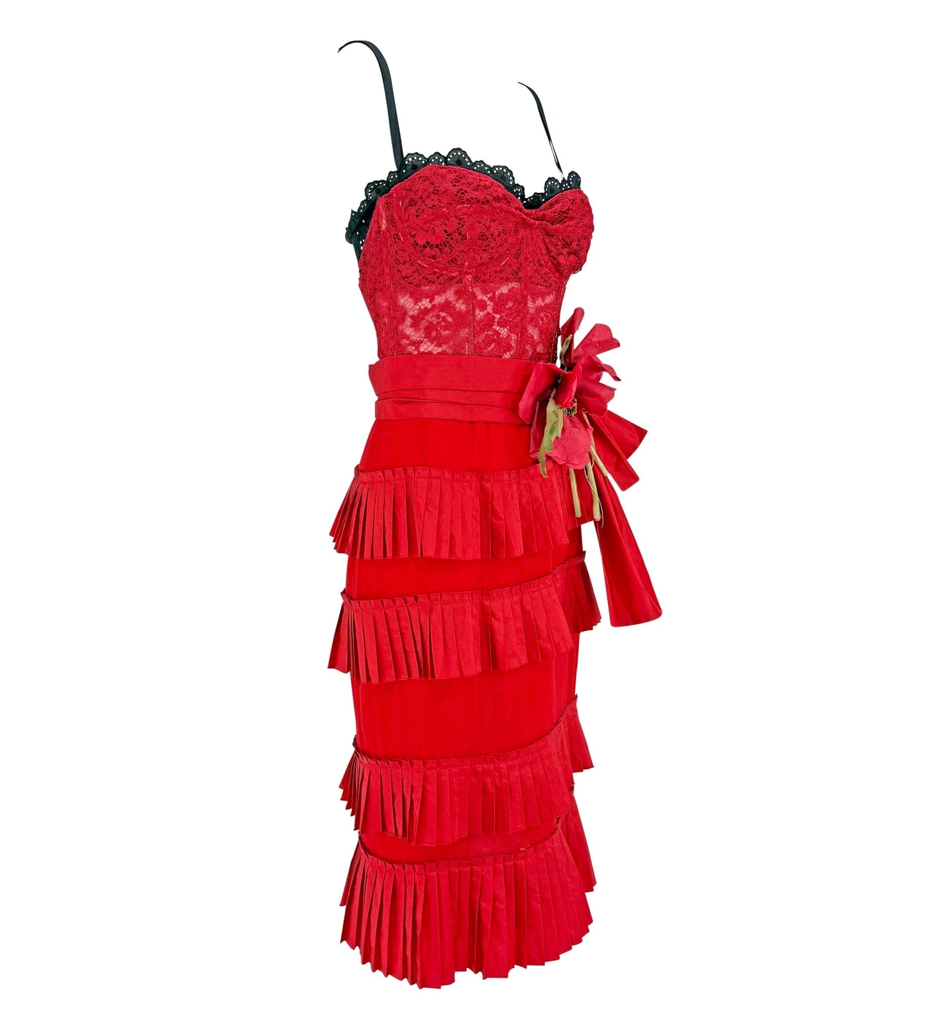 S/S 2006 Dolce & Gabbana Runway Red Lace Tiered Ruffle Bustier Dress - RealList