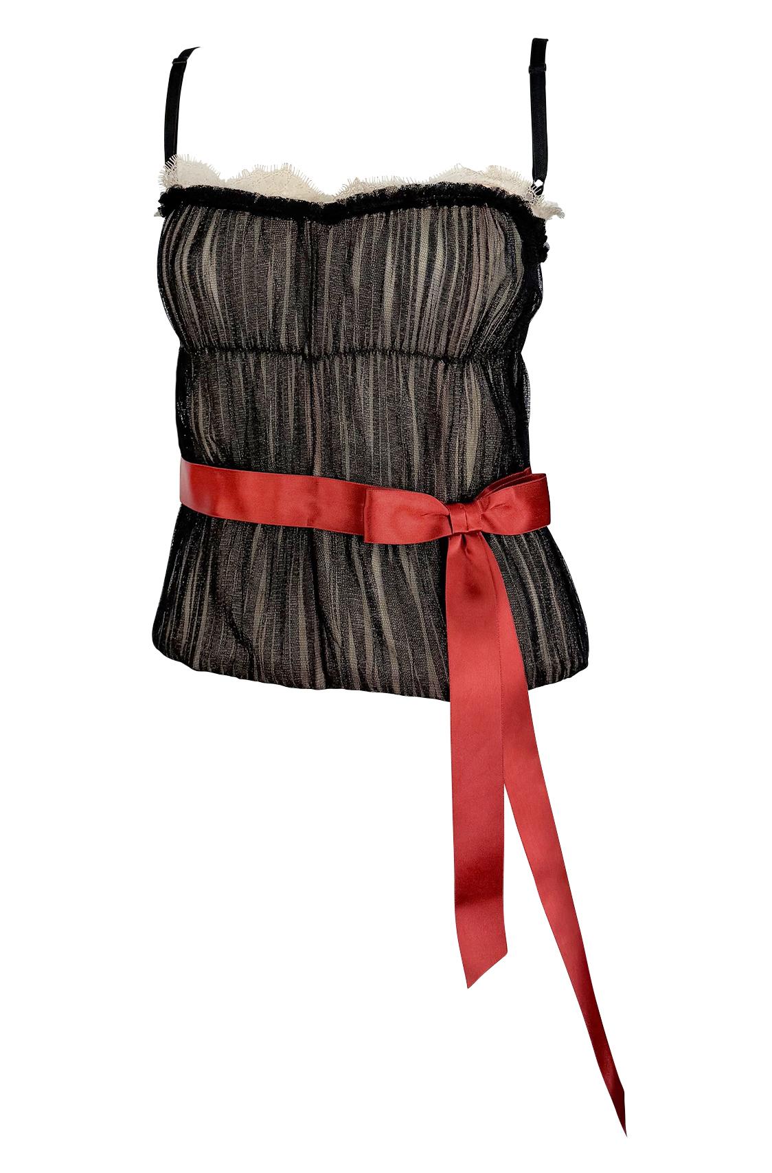 S/S 2006 Dolce & Gabbana Sheer Black Tulle Red Bow Corset Boned Bustier Top - RealList