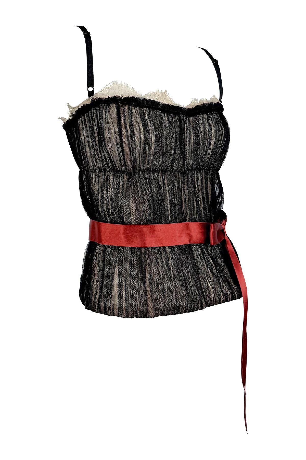 S/S 2006 Dolce & Gabbana Sheer Black Tulle Red Bow Corset Boned Bustier Top - RealList