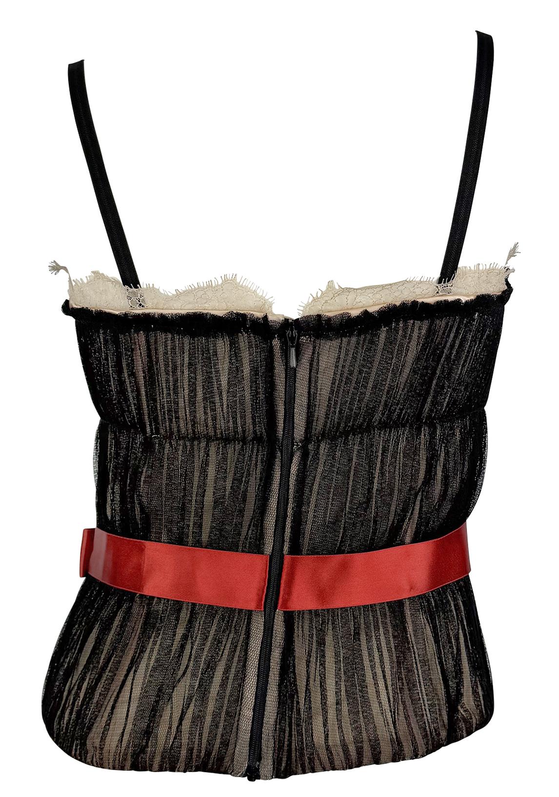 S/S 2006 Dolce & Gabbana Sheer Black Tulle Red Bow Corset Boned Bustier Top - RealList