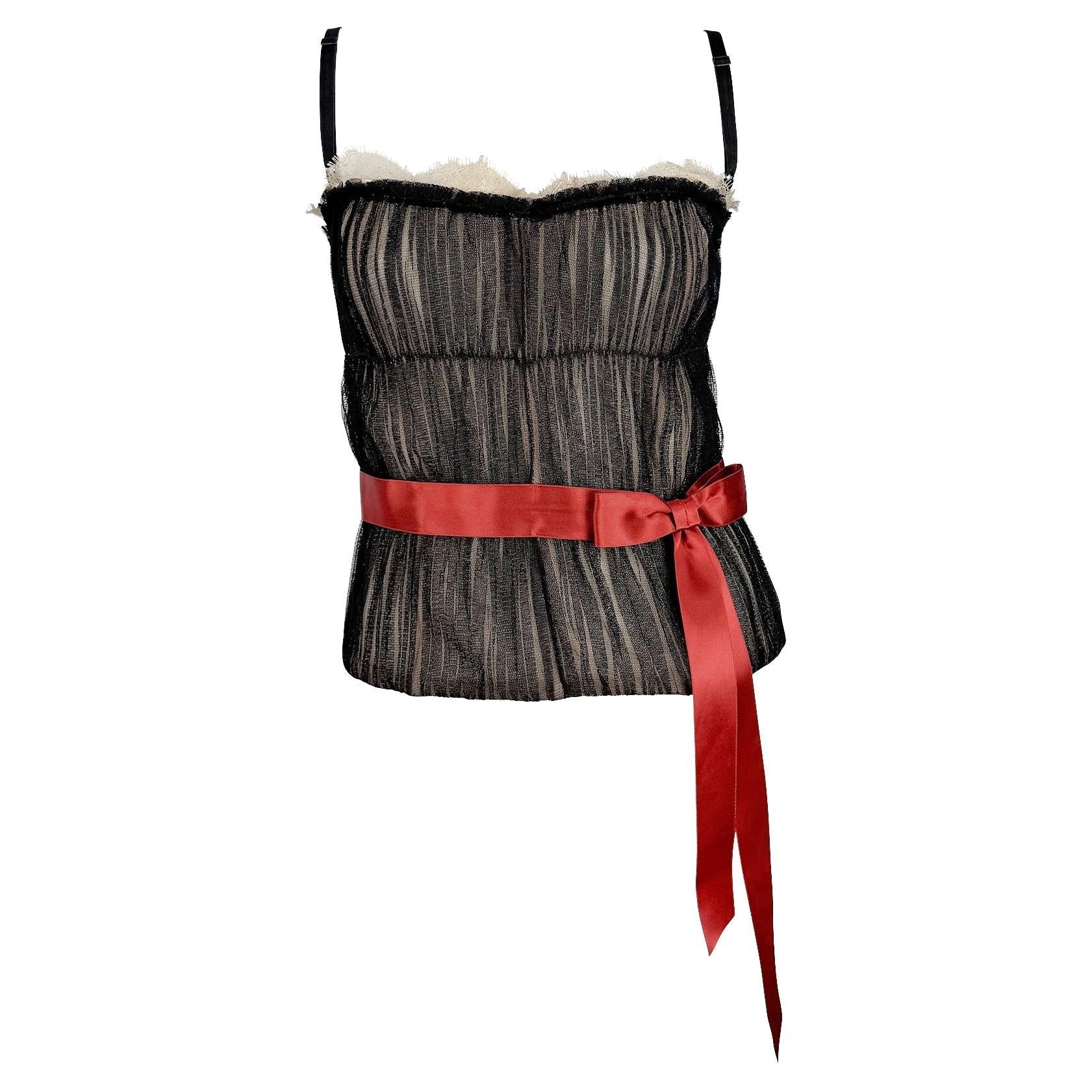S/S 2006 Dolce & Gabbana Sheer Black Tulle Red Bow Corset Boned Bustier Top - RealList