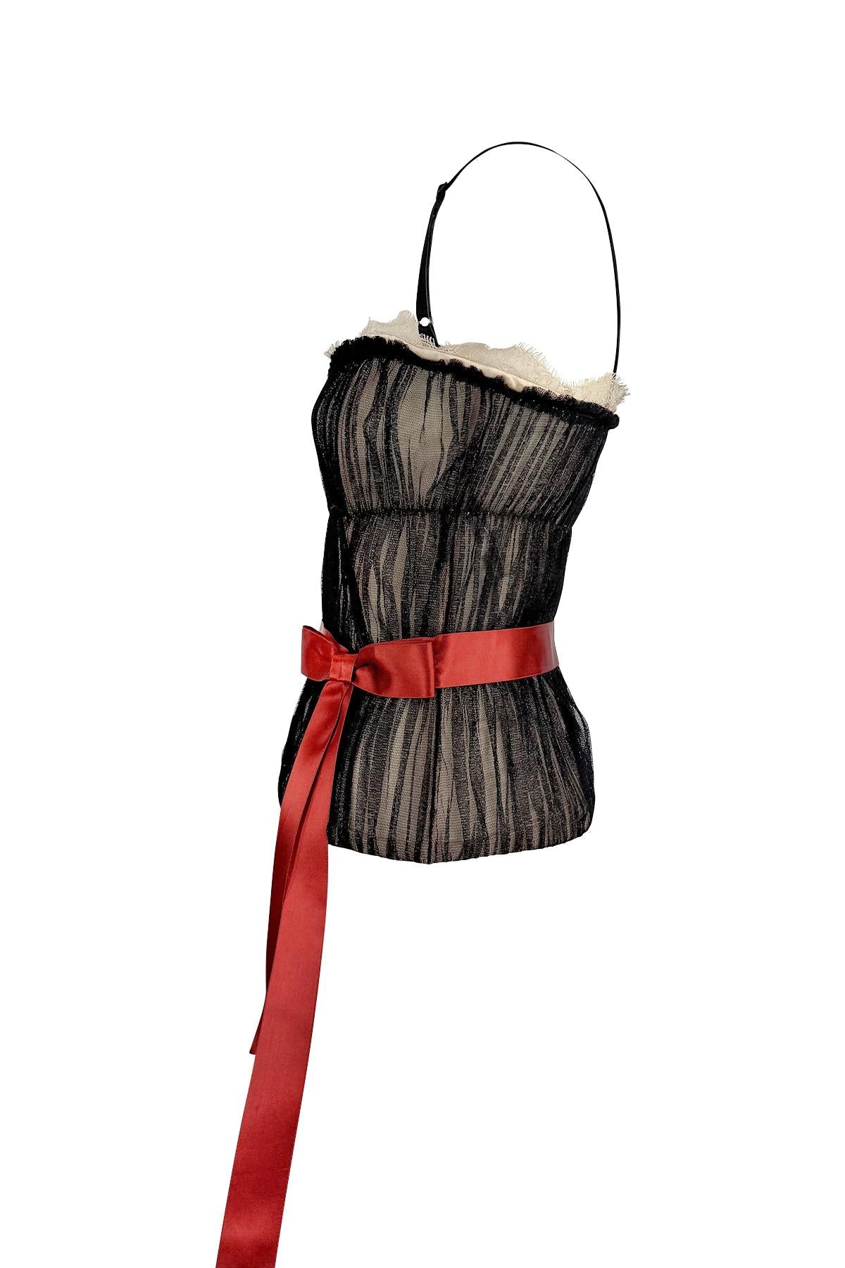 S/S 2006 Dolce & Gabbana Sheer Black Tulle Red Bow Corset Boned Bustier Top - RealList