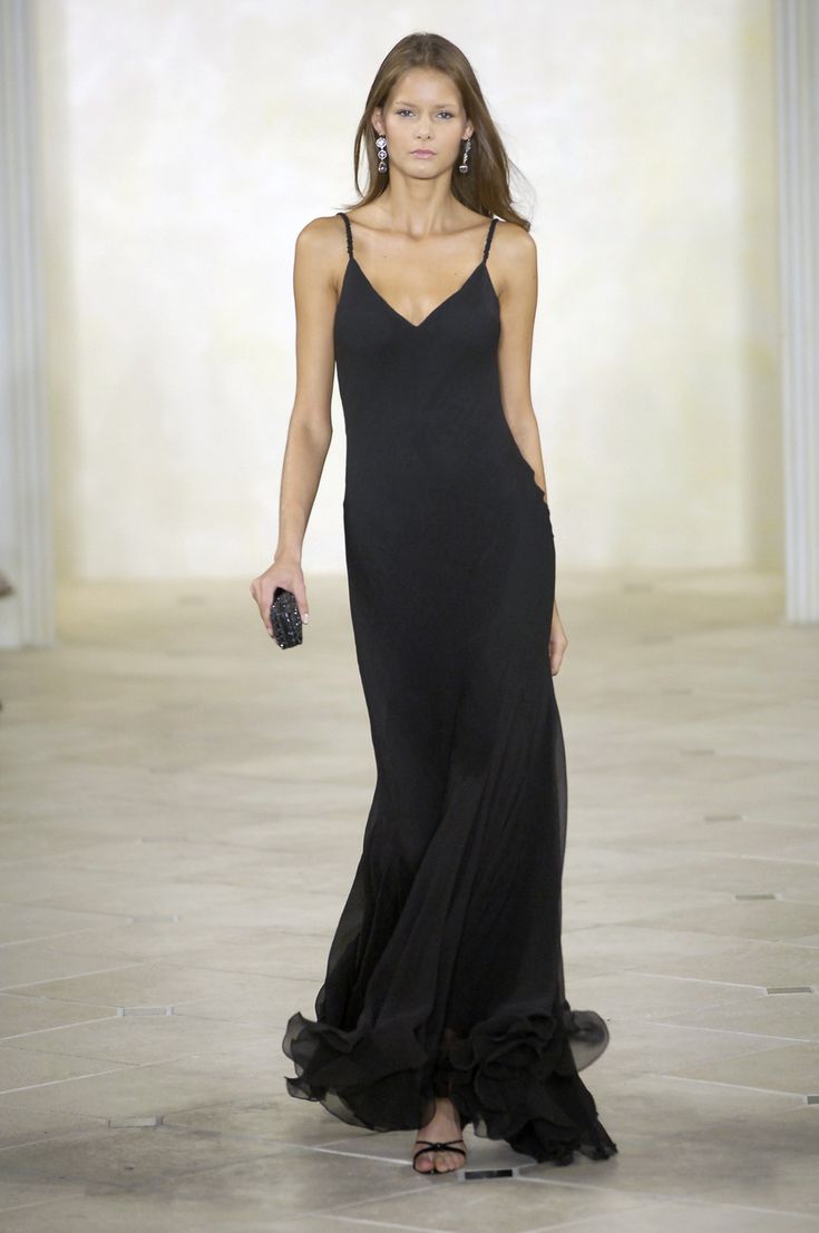 S/S 2007 Ralph Lauren Runway Black Crepe Silk Chiffon Flared Evening Gown - RealList