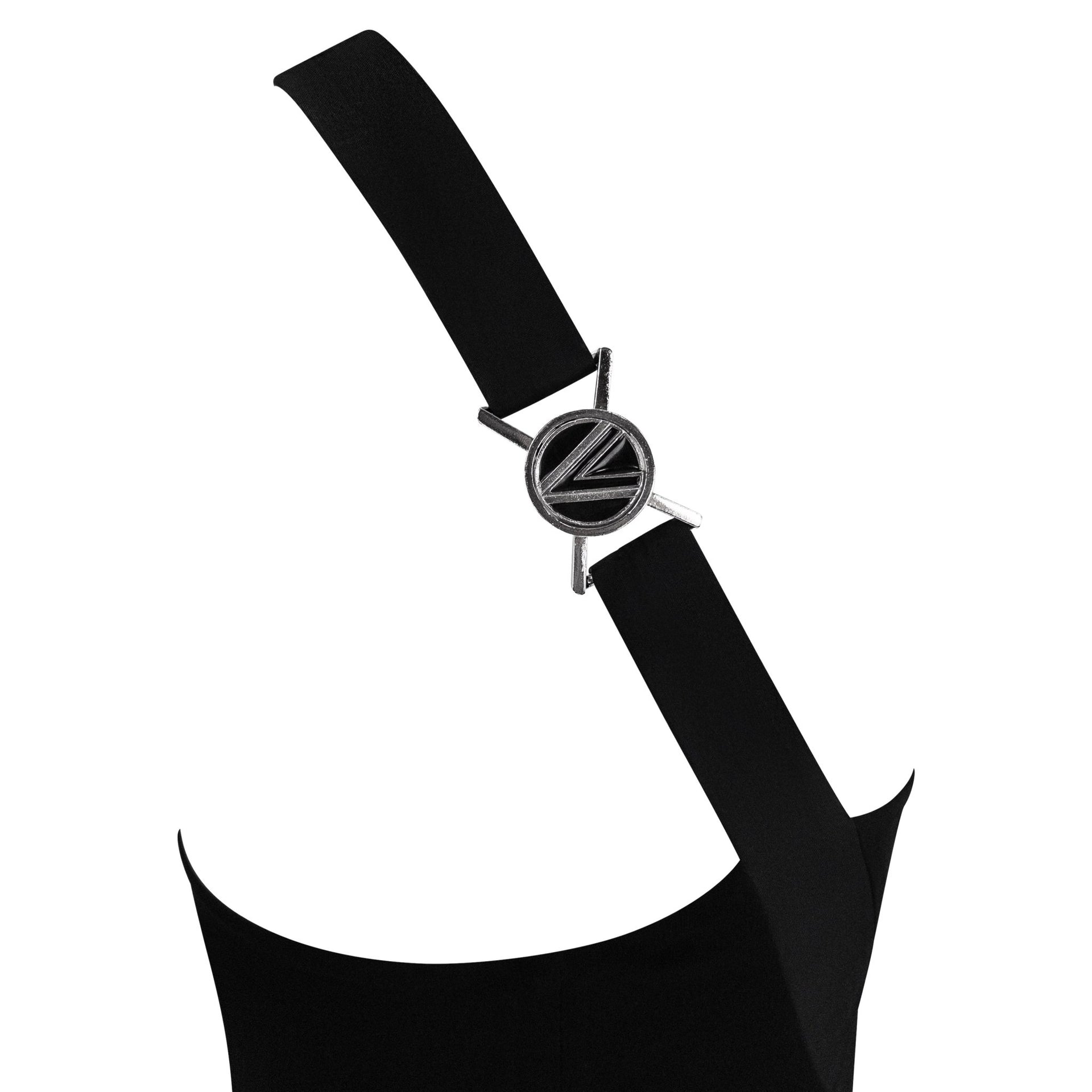 S/S 2007 Versace by Donatella Black Stretch 'V' Buckle Asymmetric Flare Dress - RealList