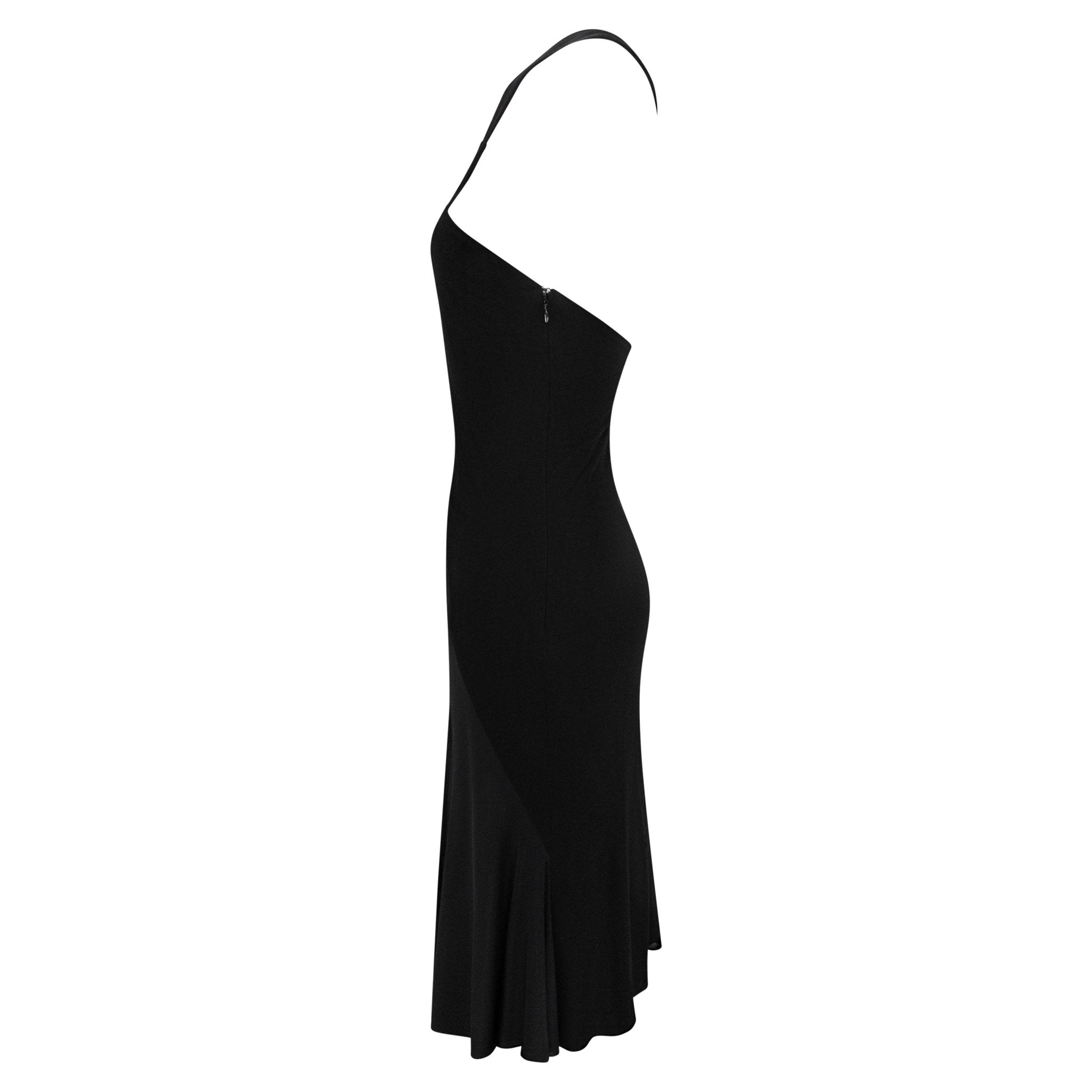 S/S 2007 Versace by Donatella Black Stretch 'V' Buckle Asymmetric Flare Dress - RealList