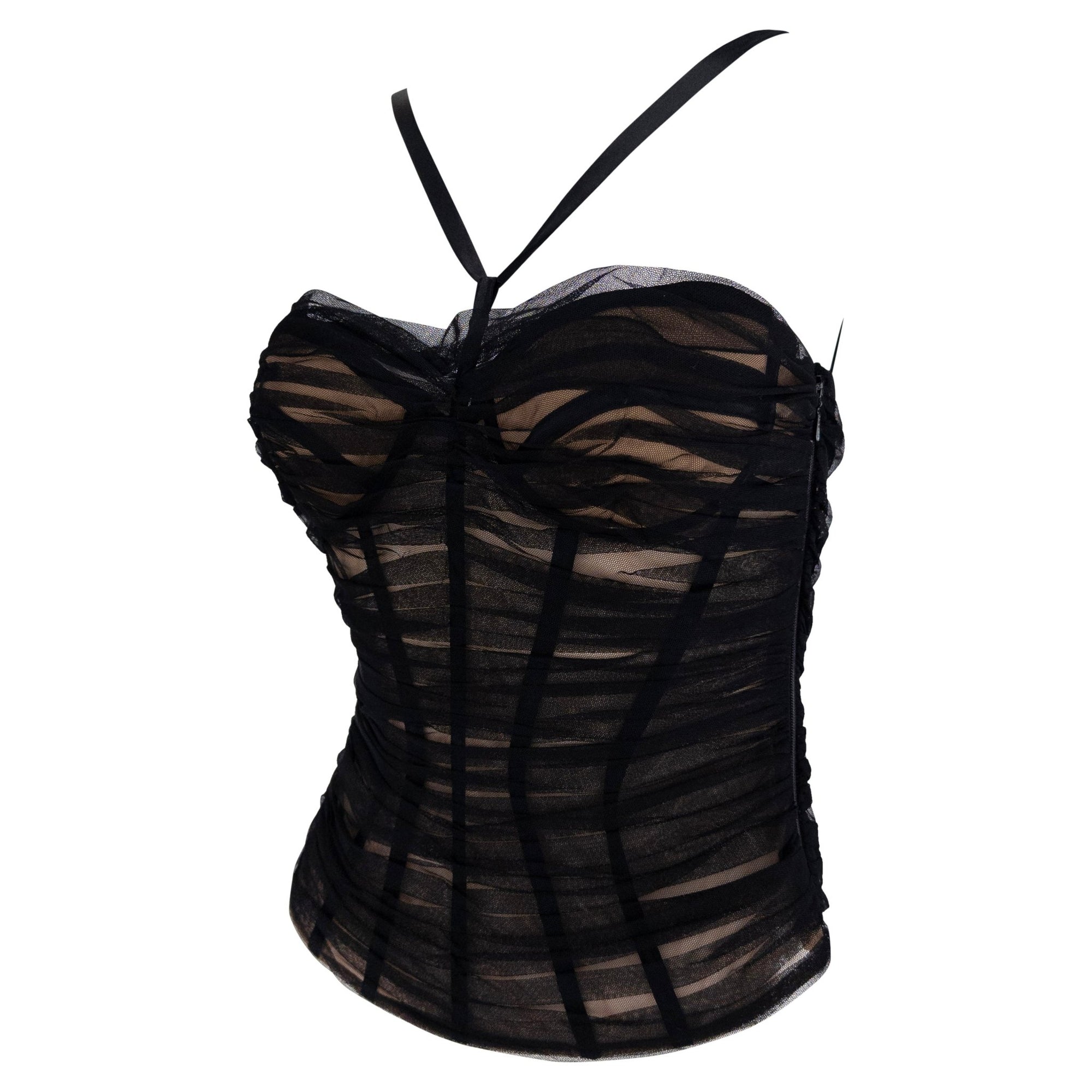 S/S 2007 Versace by Donatella Corset Boned Sheer Tulle Overlay Beige Bustier Top - RealList