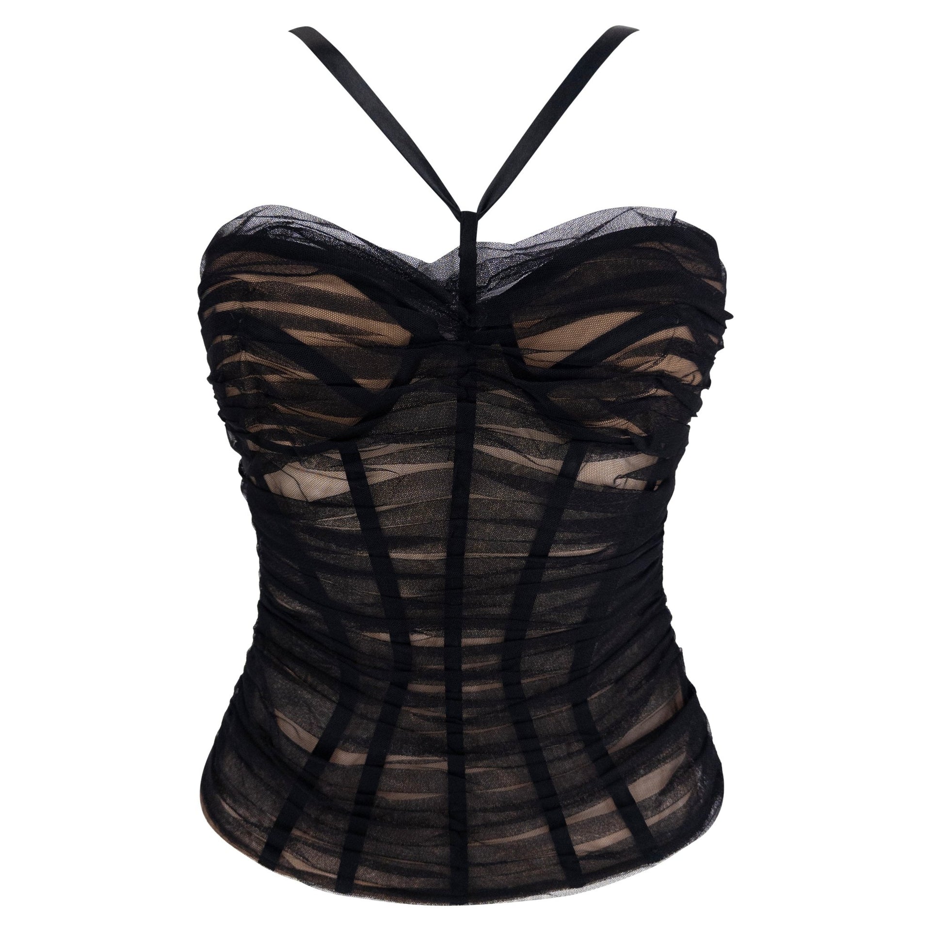 S/S 2007 Versace by Donatella Corset Boned Sheer Tulle Overlay Beige Bustier Top - RealList