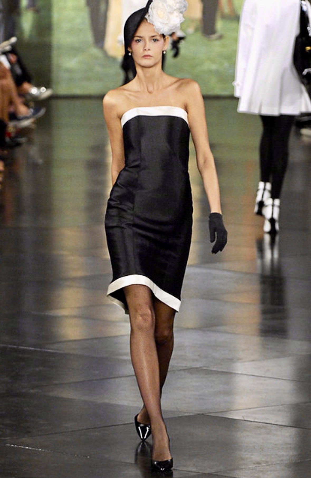 S/S 2008 Ralph Lauren Runway Black Silk Taffeta White Trim Strapless Cocktail Dress - RealList