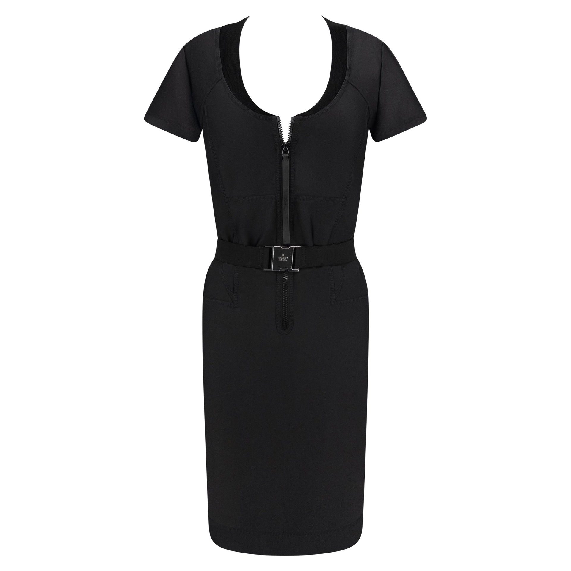 S/S 2010 Gucci Black Bodycon Buckle Belted Short Sleeve Dress - RealList