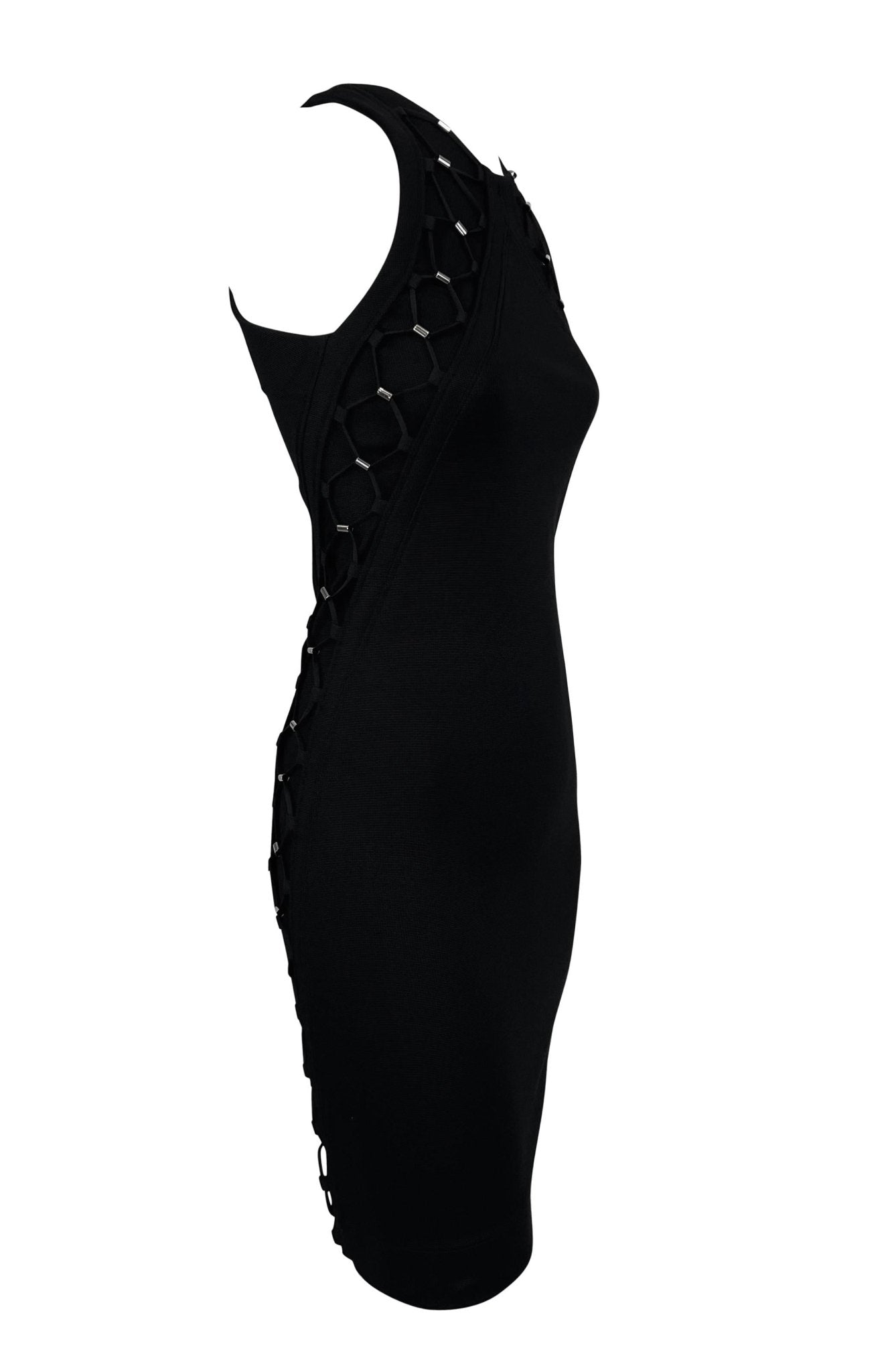 S/S 2010 Gucci by Frida Giannini Black Bodycon Lace - Up Sleeveless Sheath Dress - RealList