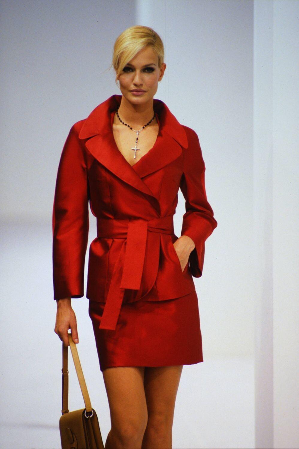 S/S 1996 Dolce & Gabbana Runway Deep Red Silk Satin Taffeta Belted Skirt Suit