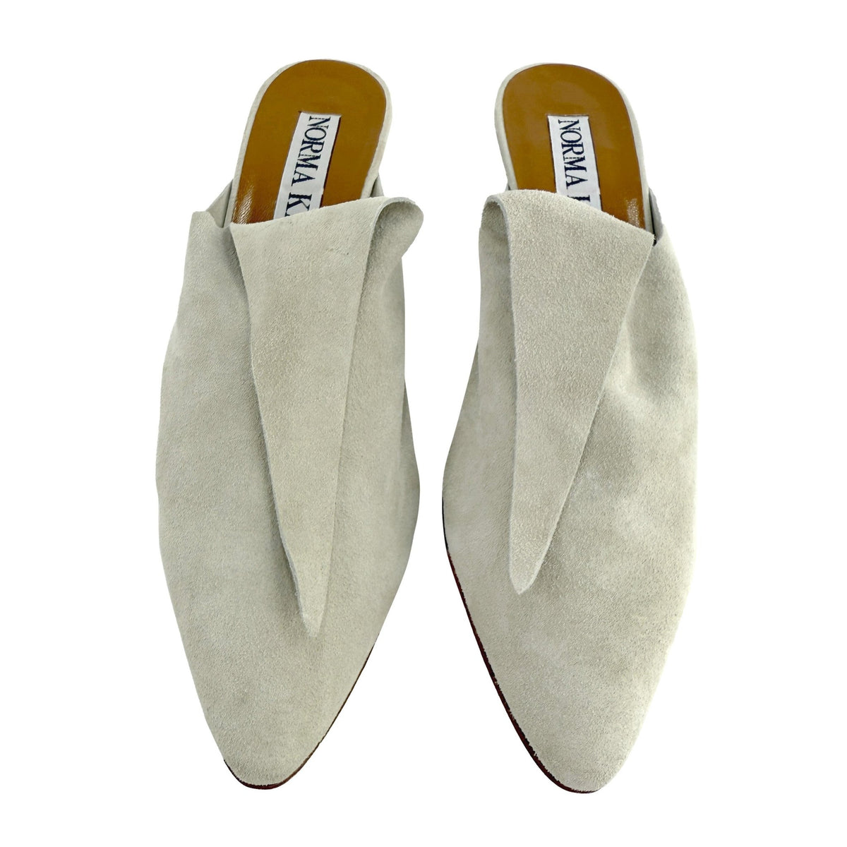 Unworn Early 1990s Norma Kamali Light Grey Suede Kitten Heel Mules 10 - RealList