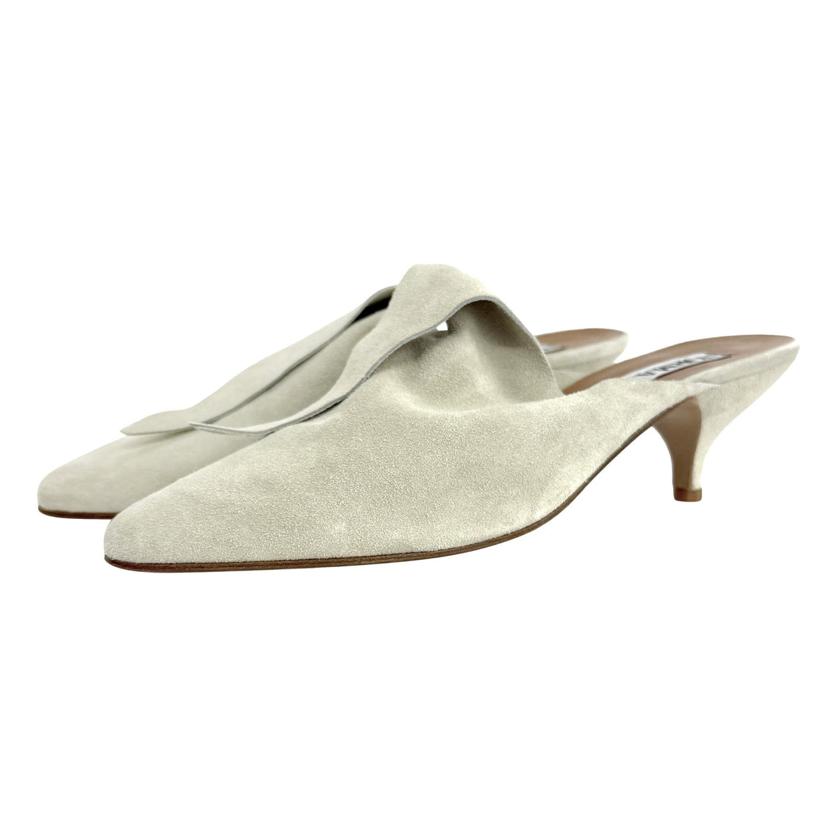 Unworn Early 1990s Norma Kamali Light Grey Suede Kitten Heel Mules 10 - RealList