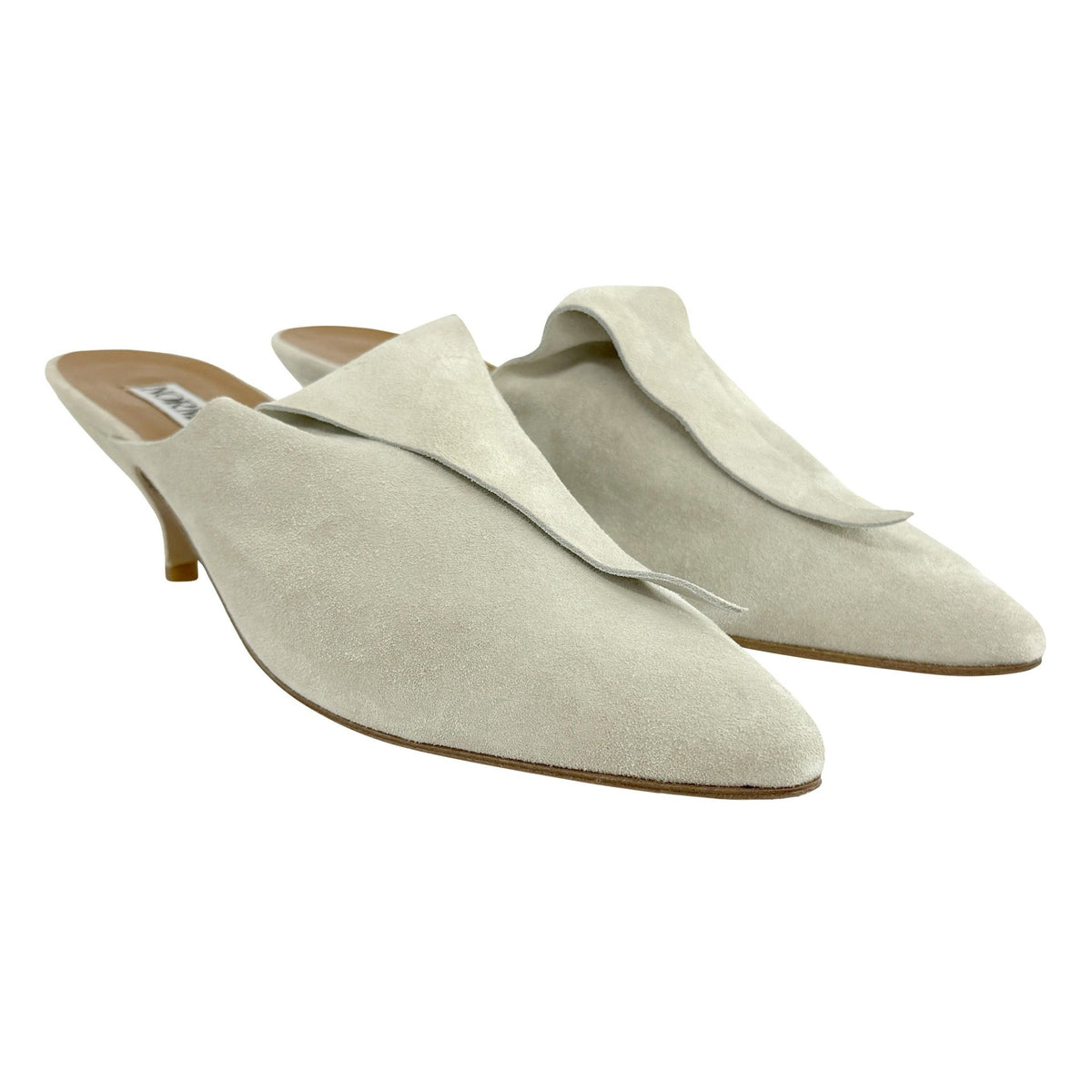 Unworn Early 1990s Norma Kamali Light Grey Suede Kitten Heel Mules 10 - RealList