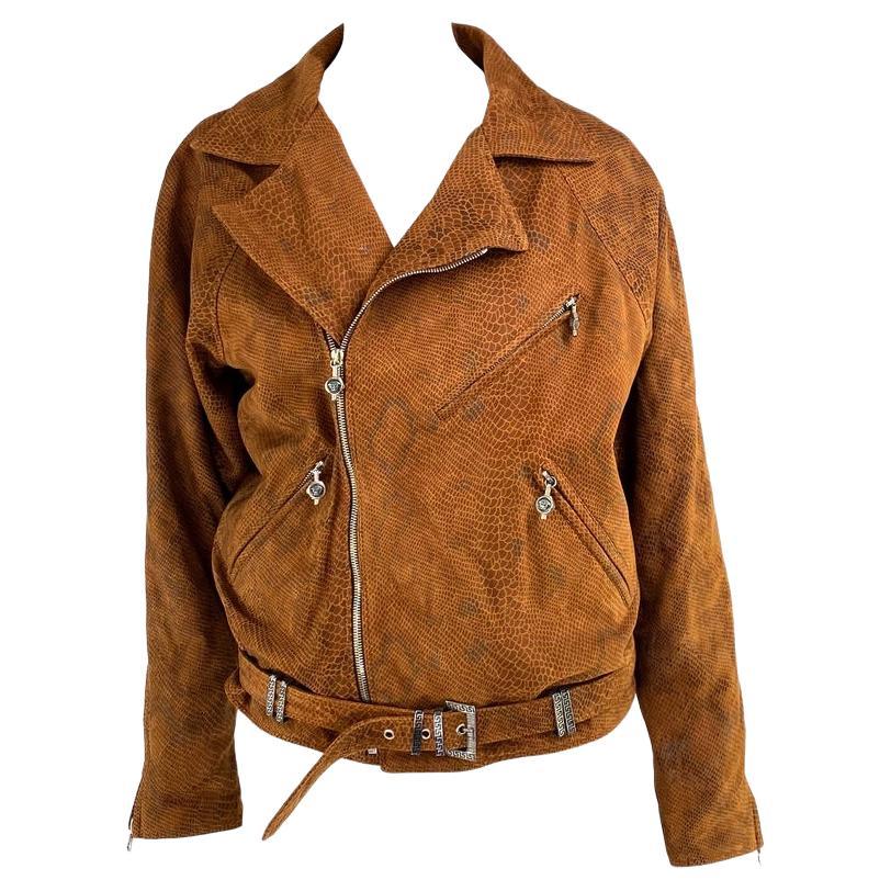 F/W 1994 Gianni Versace Python Print Brown Suede Medusa Zip Biker Jacket