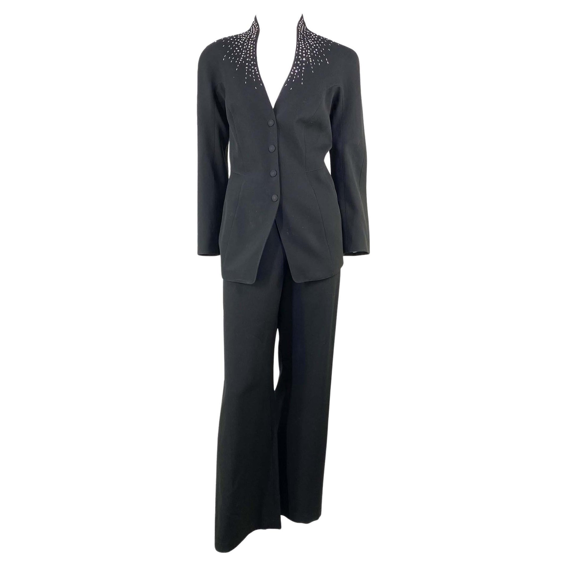 1990s Thierry Mugler Square Rhinestone Wide Leg Pantsuit